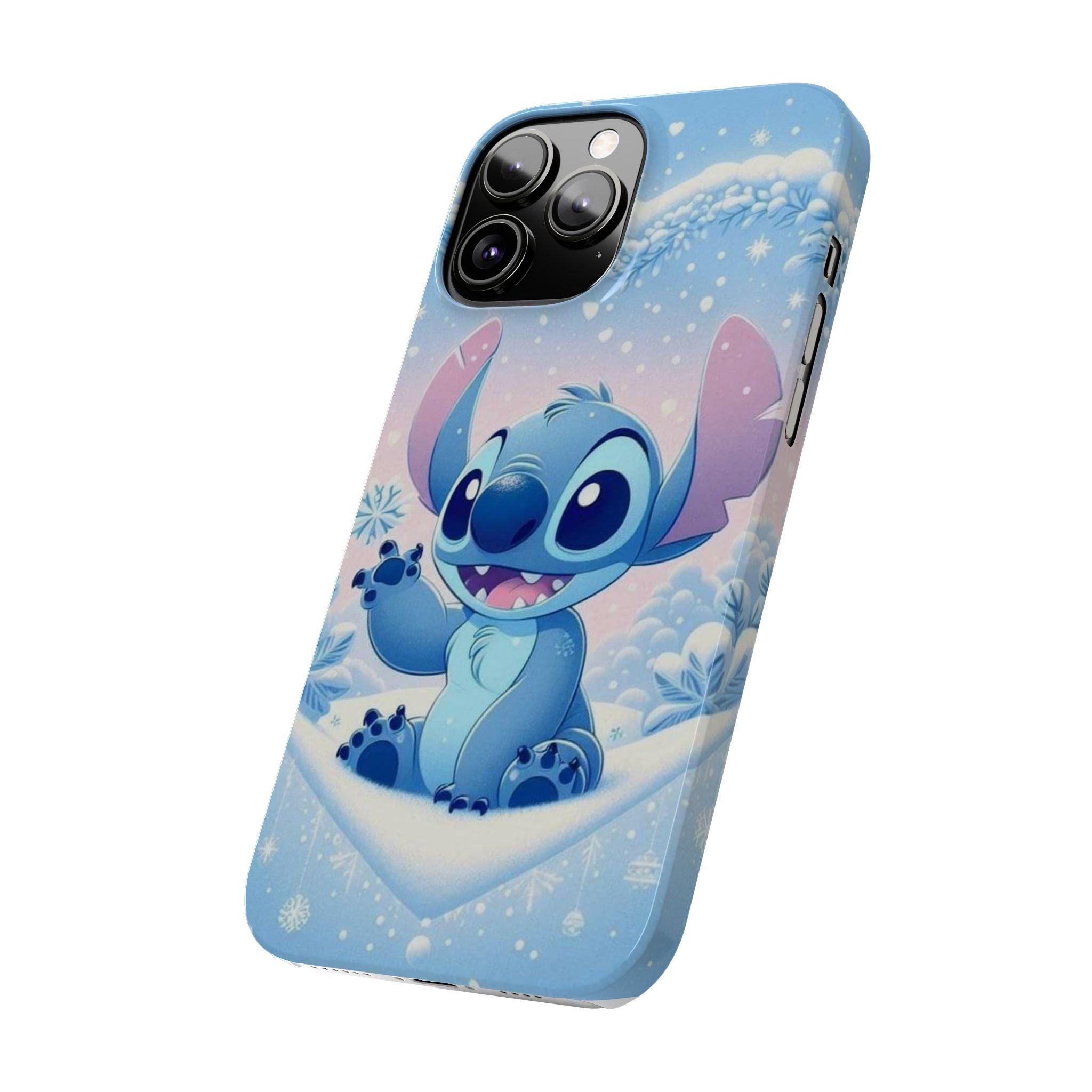 Cute Blue Alien Character Slim Phone Case | Snow Heart Pattern