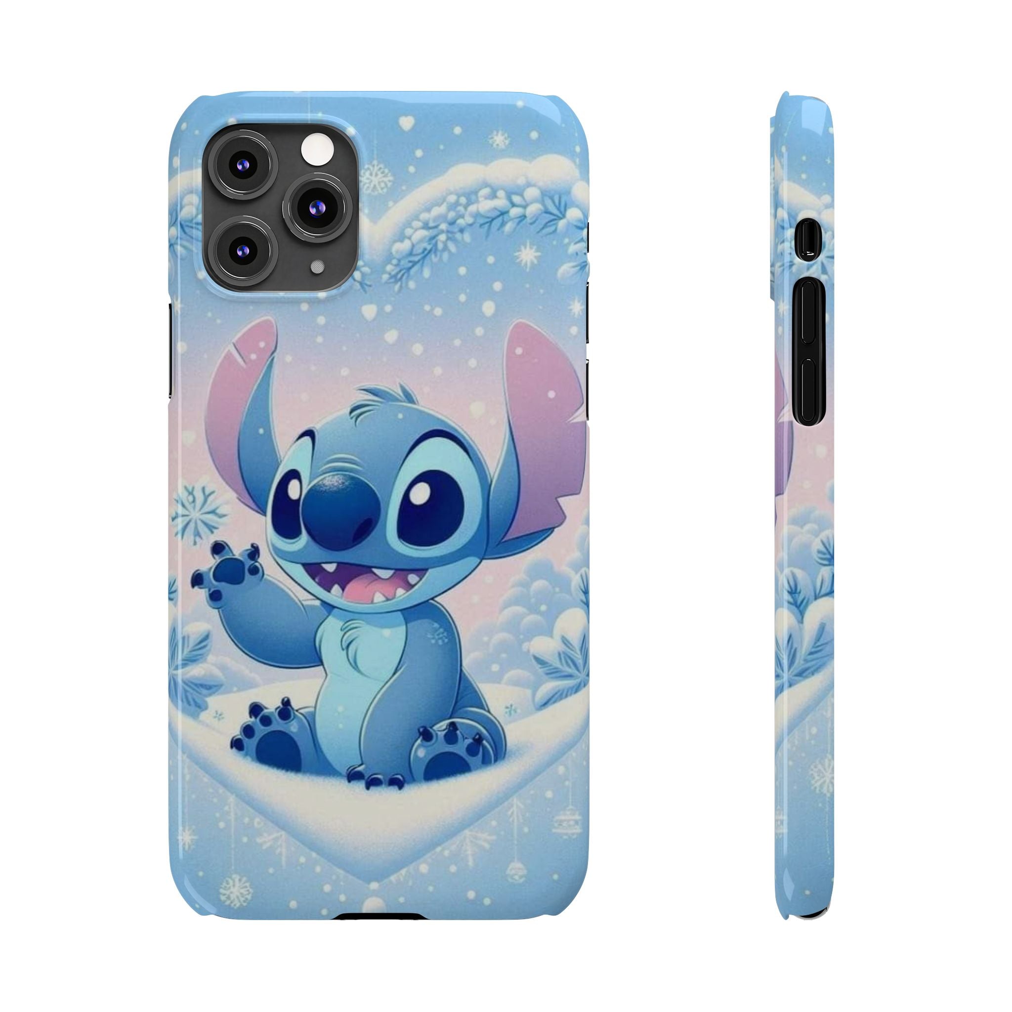 Cute Blue Alien Character Slim Phone Case | Snow Heart Pattern