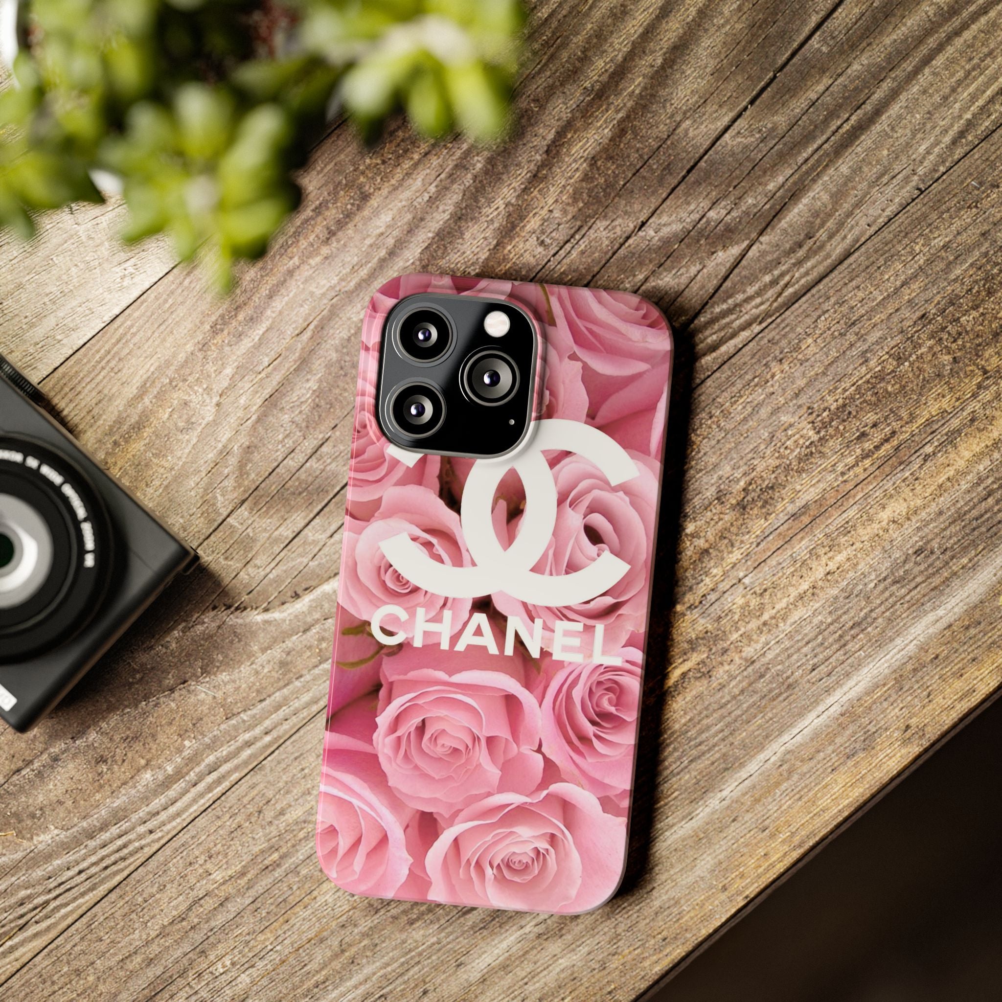 Slim Phone Case — Pink Rose Floral Design with Luxury Logo