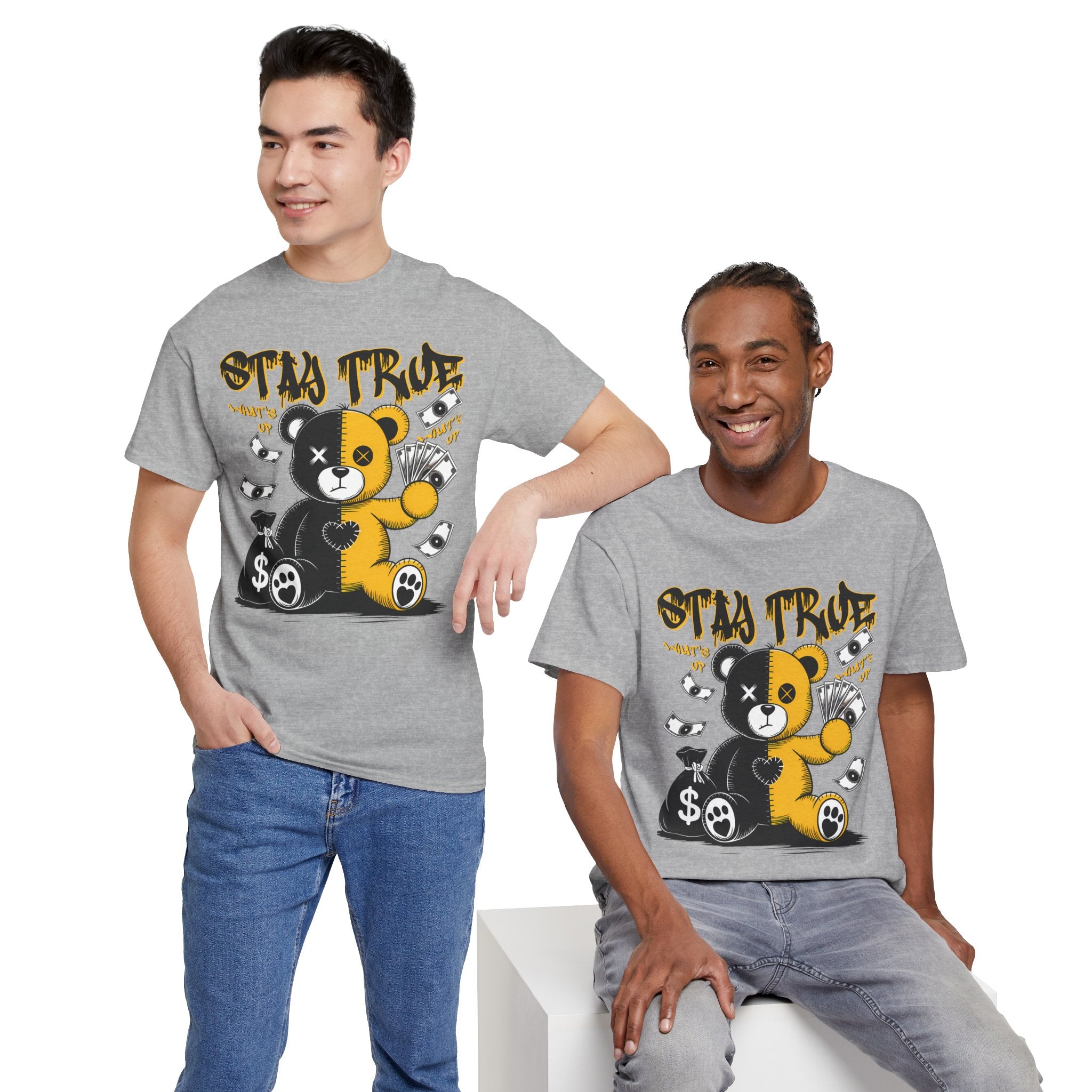 Stay True Bear Graphic Tee — Cute Black & Yellow Money Bear Shirt