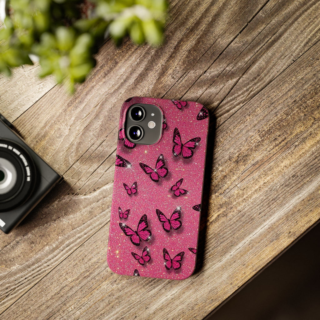 Pink Glitter Butterfly Slim Phone Case — Sparkle Galaxy Floral Phone Cover