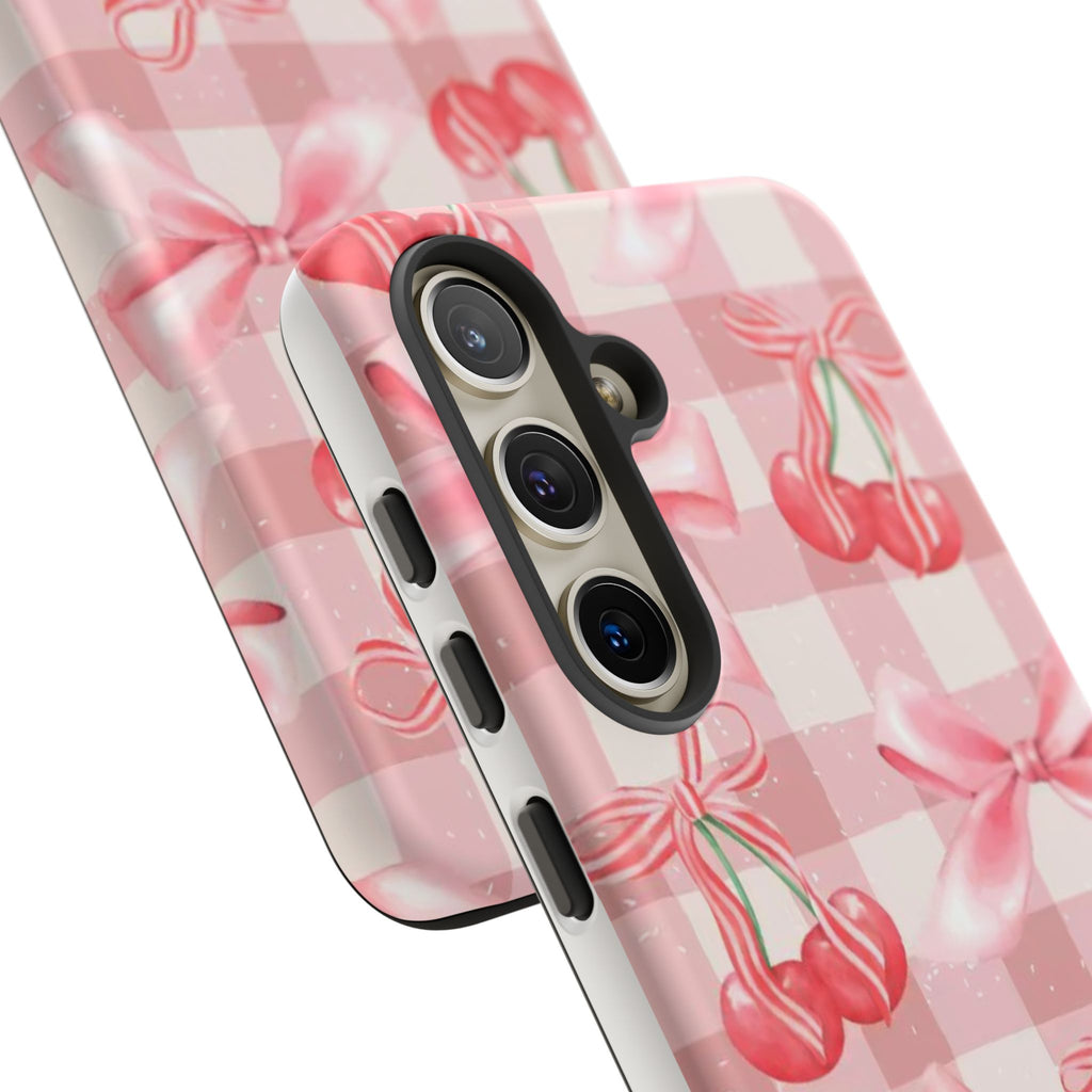 Pink Cherry Bow Phone Case — Cute Gingham Cherry Pattern