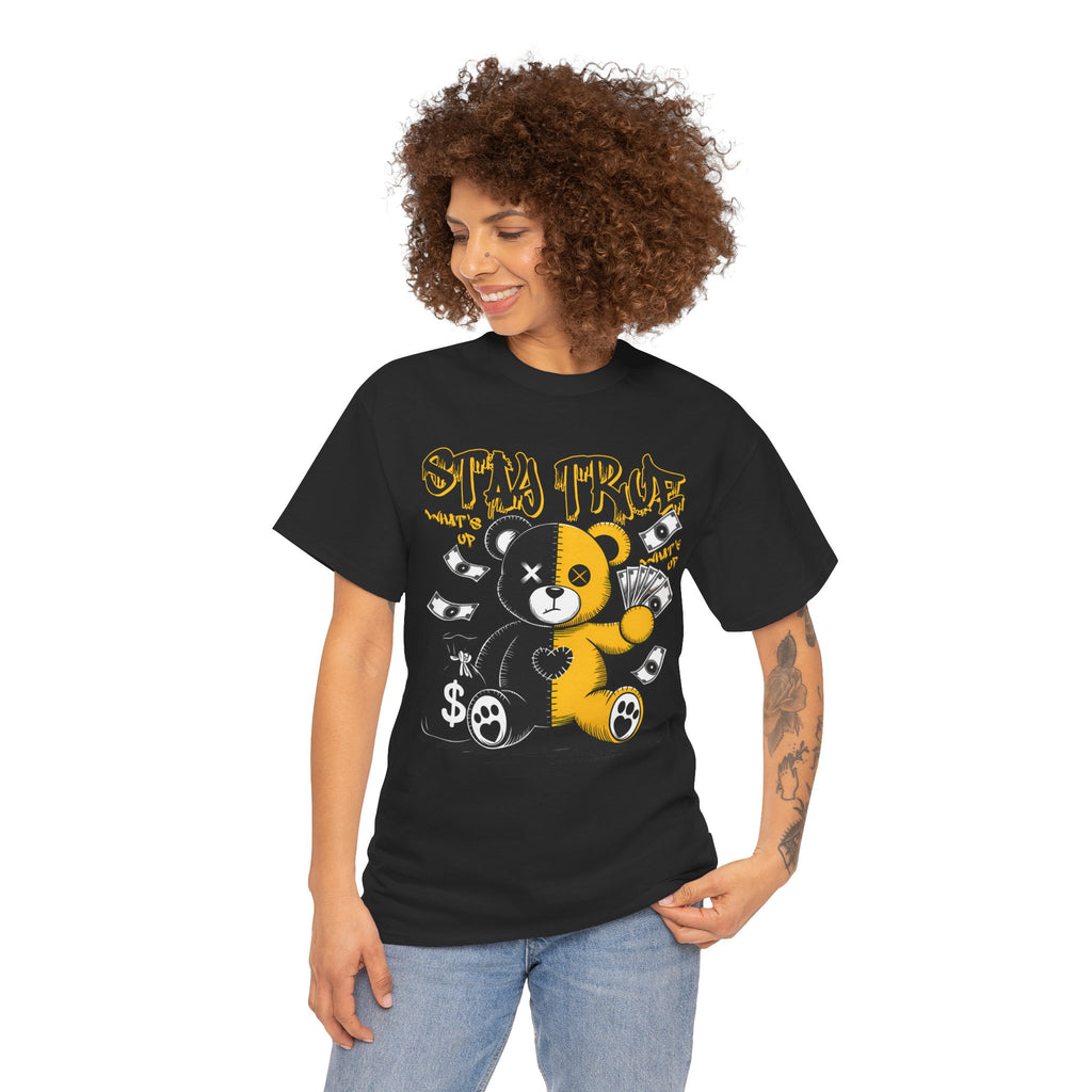 Stay True Bear Graphic Tee — Cute Black & Yellow Money Bear Shirt