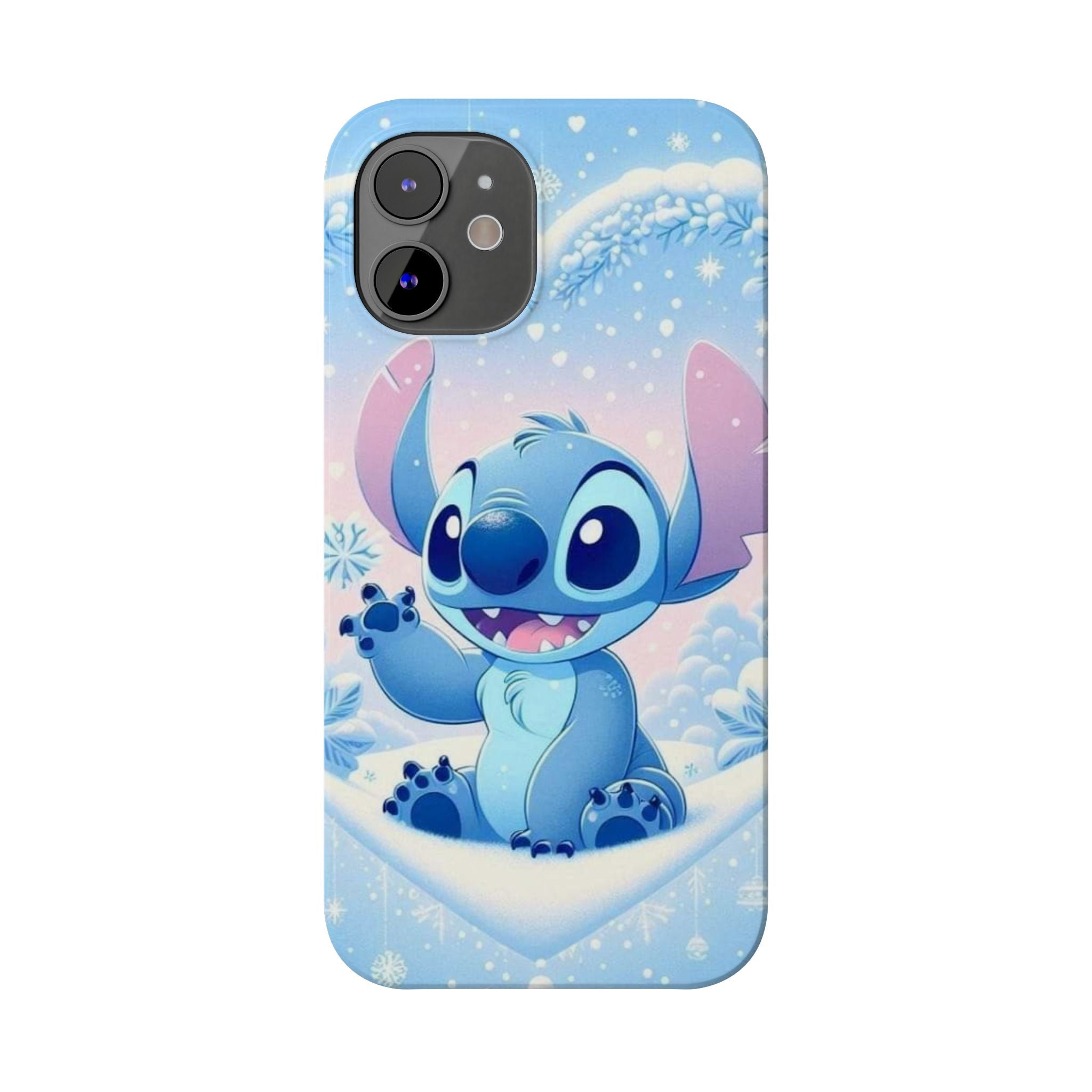 Cute Blue Alien Character Slim Phone Case | Snow Heart Pattern