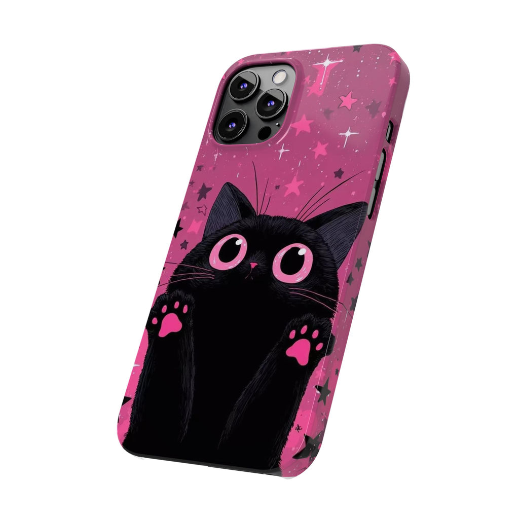 Cute Black Cat with Pink Paws Slim Phone Case | Starry Background