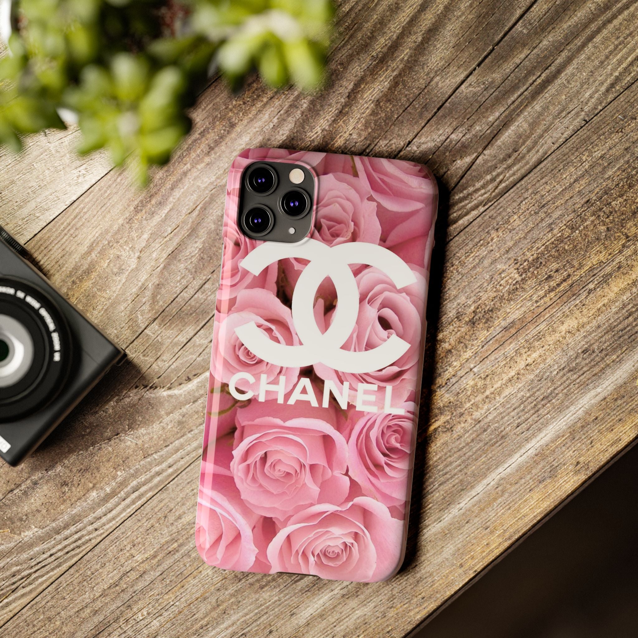 Slim Phone Case — Pink Rose Floral Design with Luxury Logo