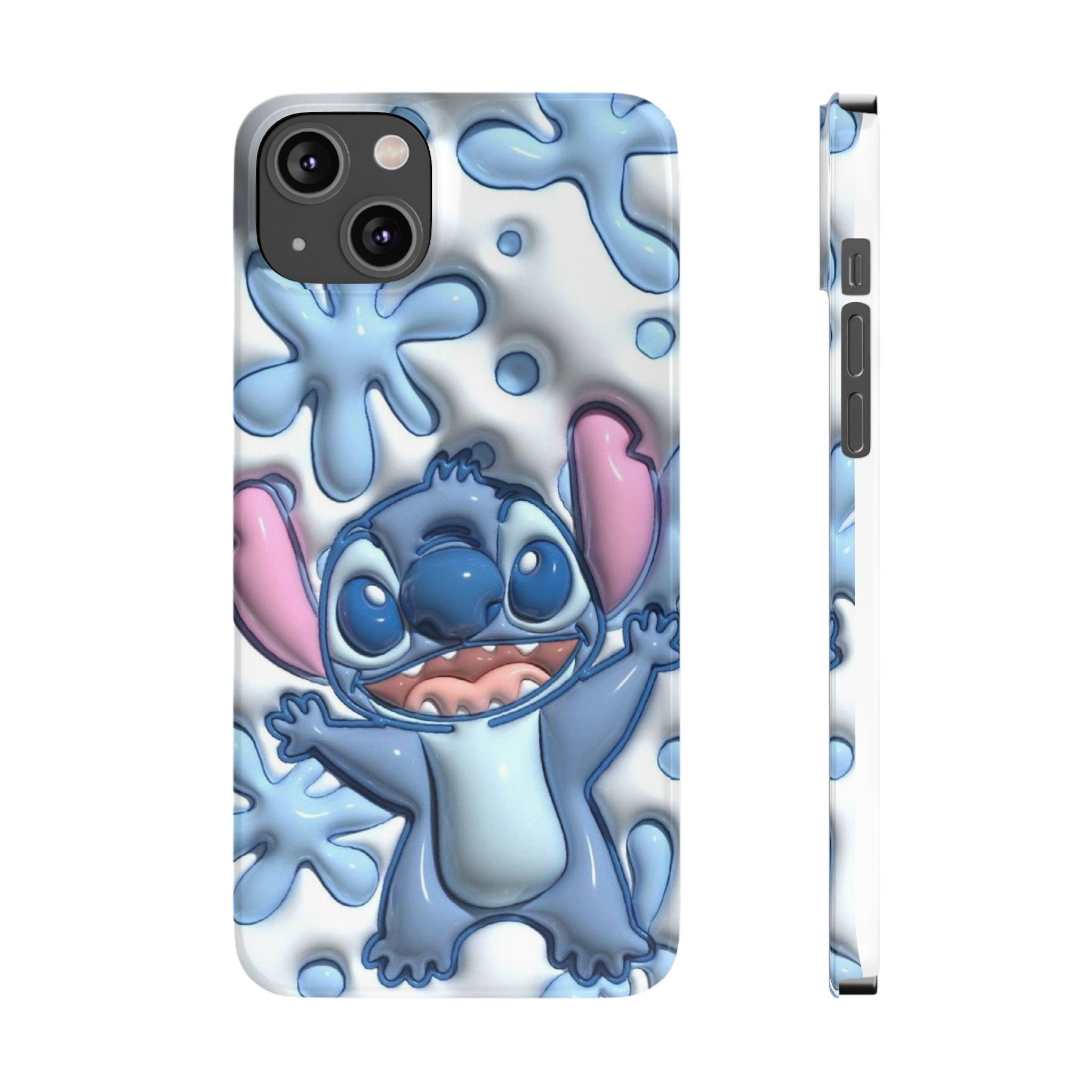 Cute Stitch Slim Phone Case – Blue Splash Cartoon Phone Cover
