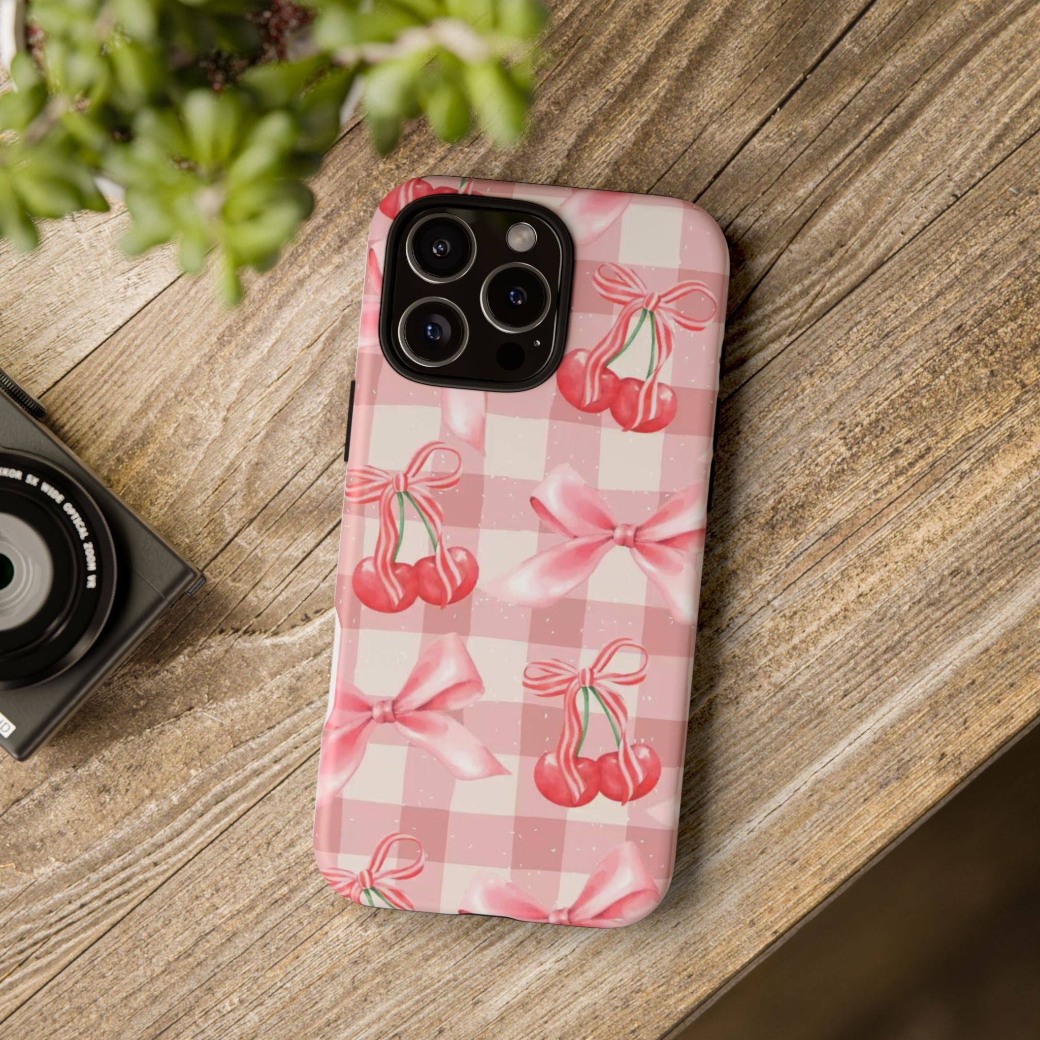 Pink Cherry Bow Phone Case — Cute Gingham Cherry Pattern