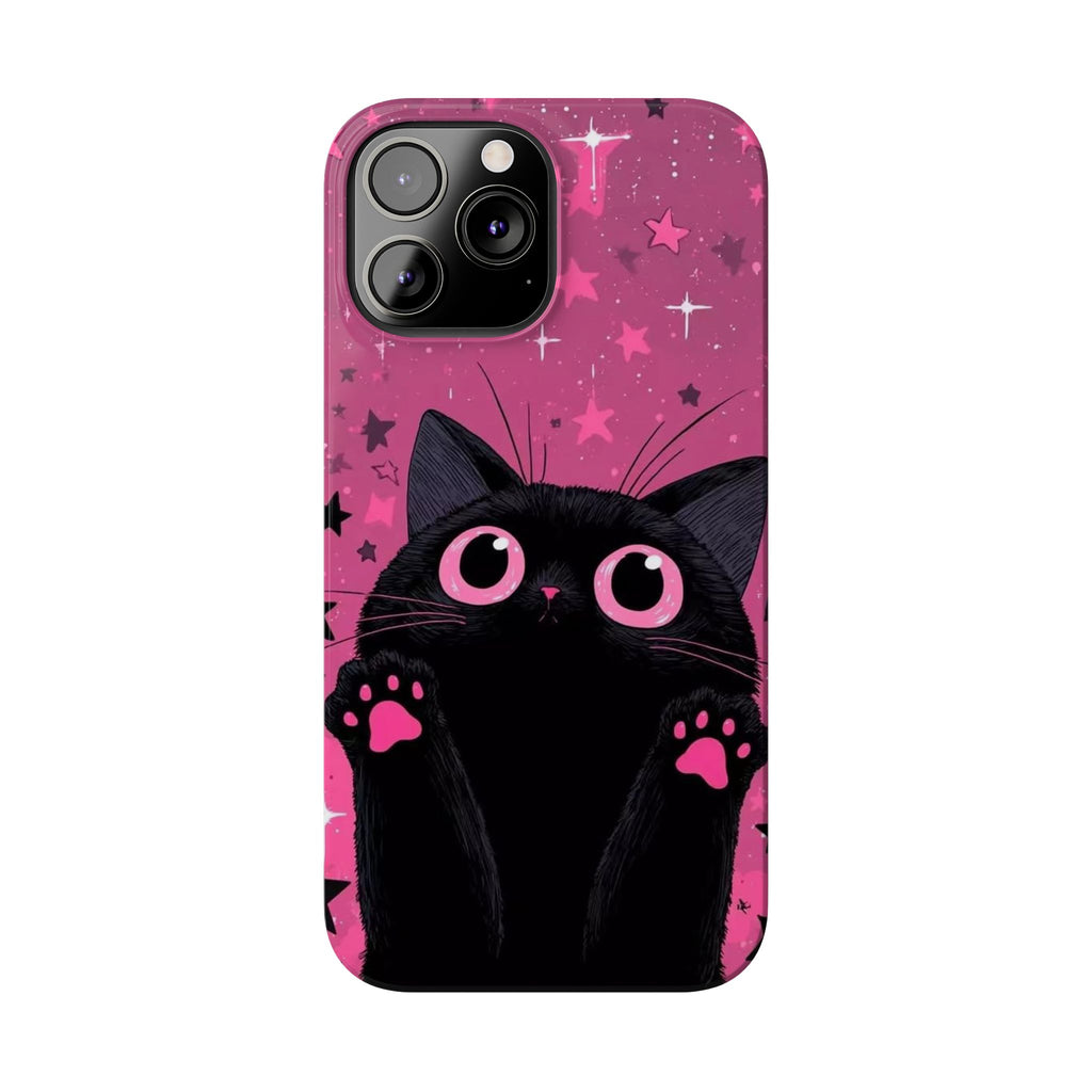 Cute Black Cat with Pink Paws Slim Phone Case | Starry Background