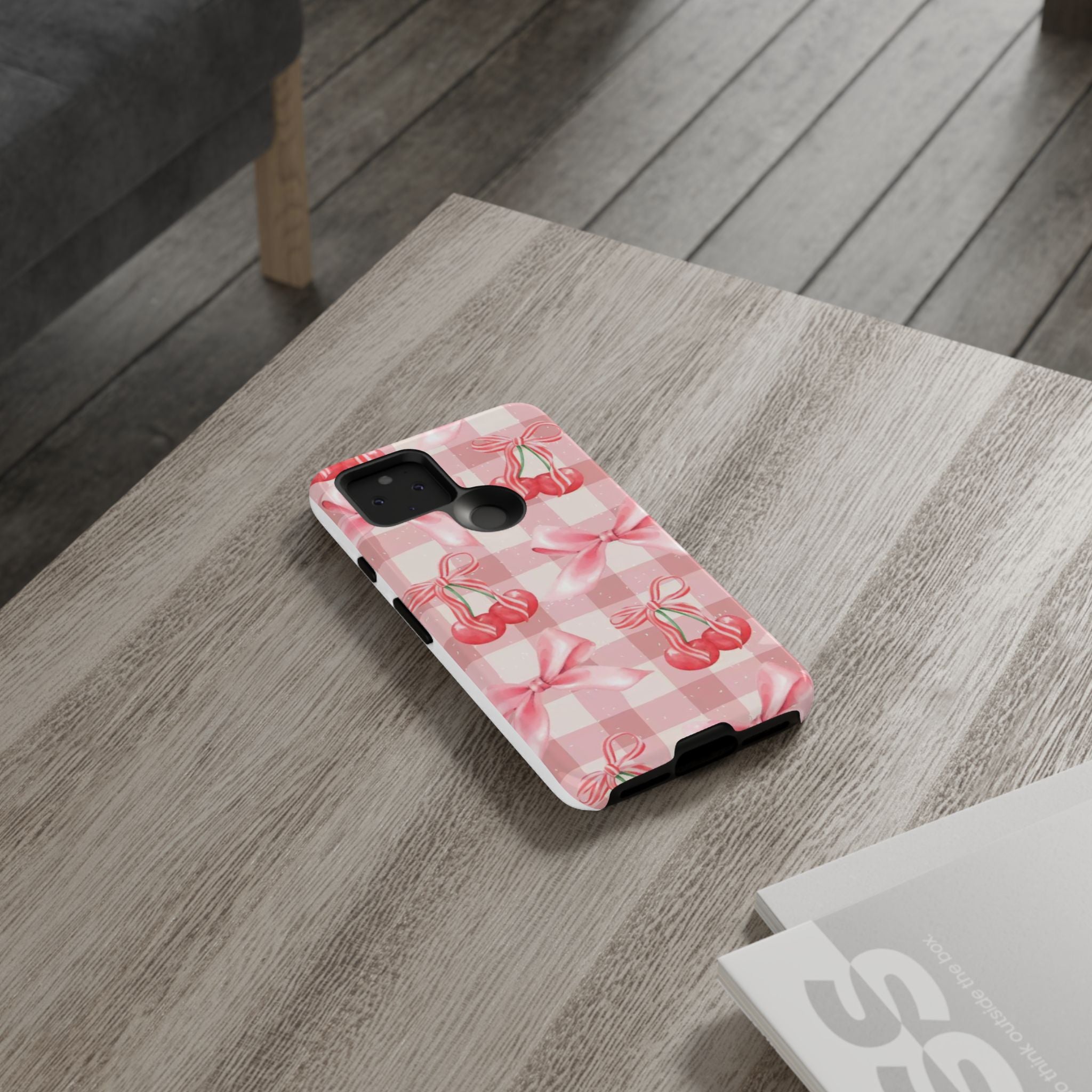 Pink Cherry Bow Phone Case — Cute Gingham Cherry Pattern