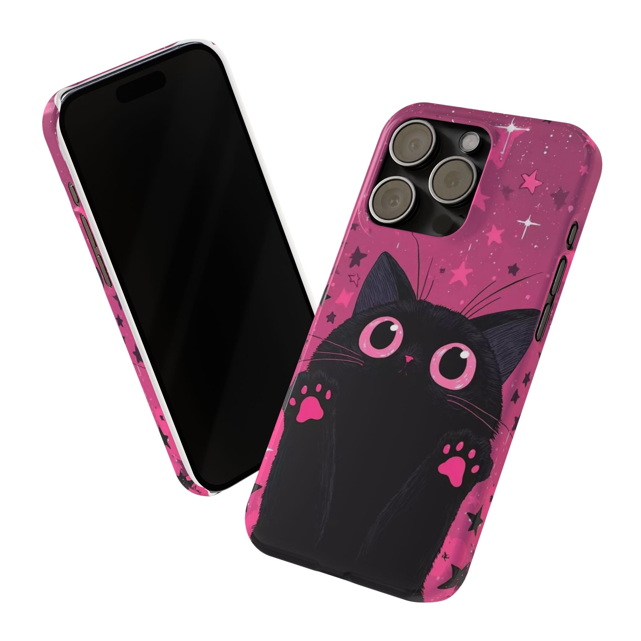 Cute Black Cat with Pink Paws Slim Phone Case | Starry Background