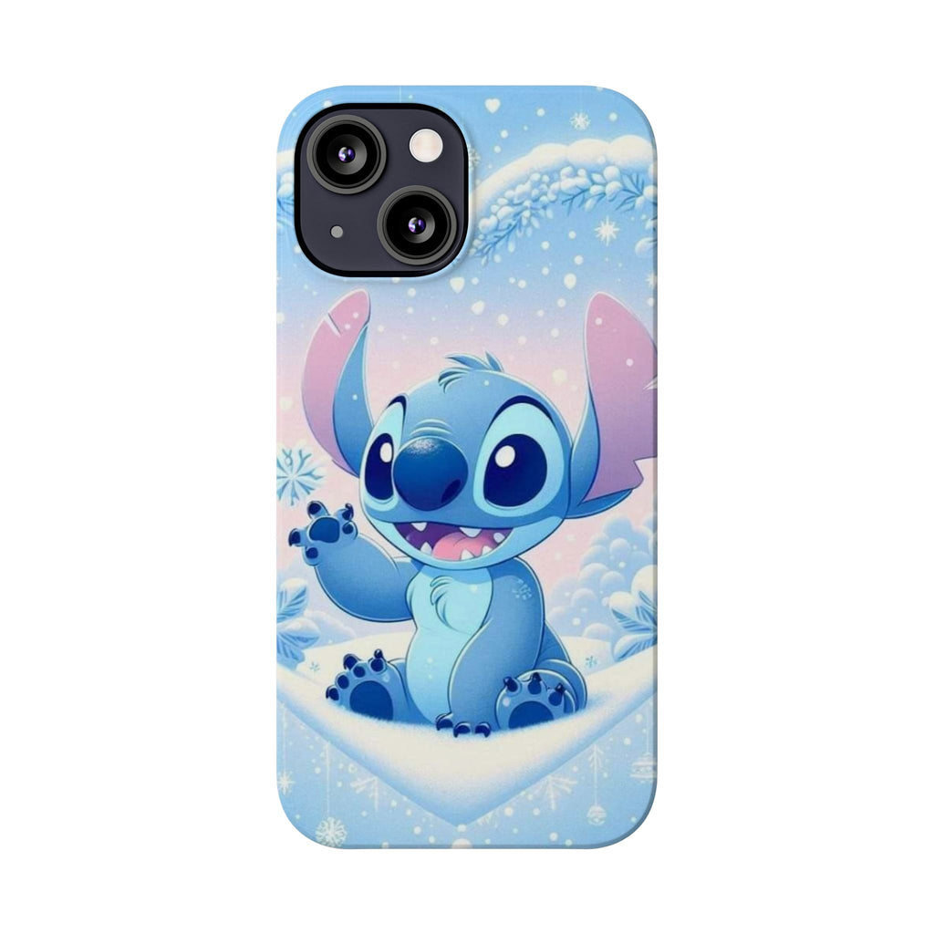Cute Blue Alien Character Slim Phone Case | Snow Heart Pattern