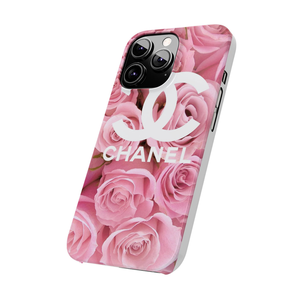 Slim Phone Case — Pink Rose Floral Design with Luxury Logo
