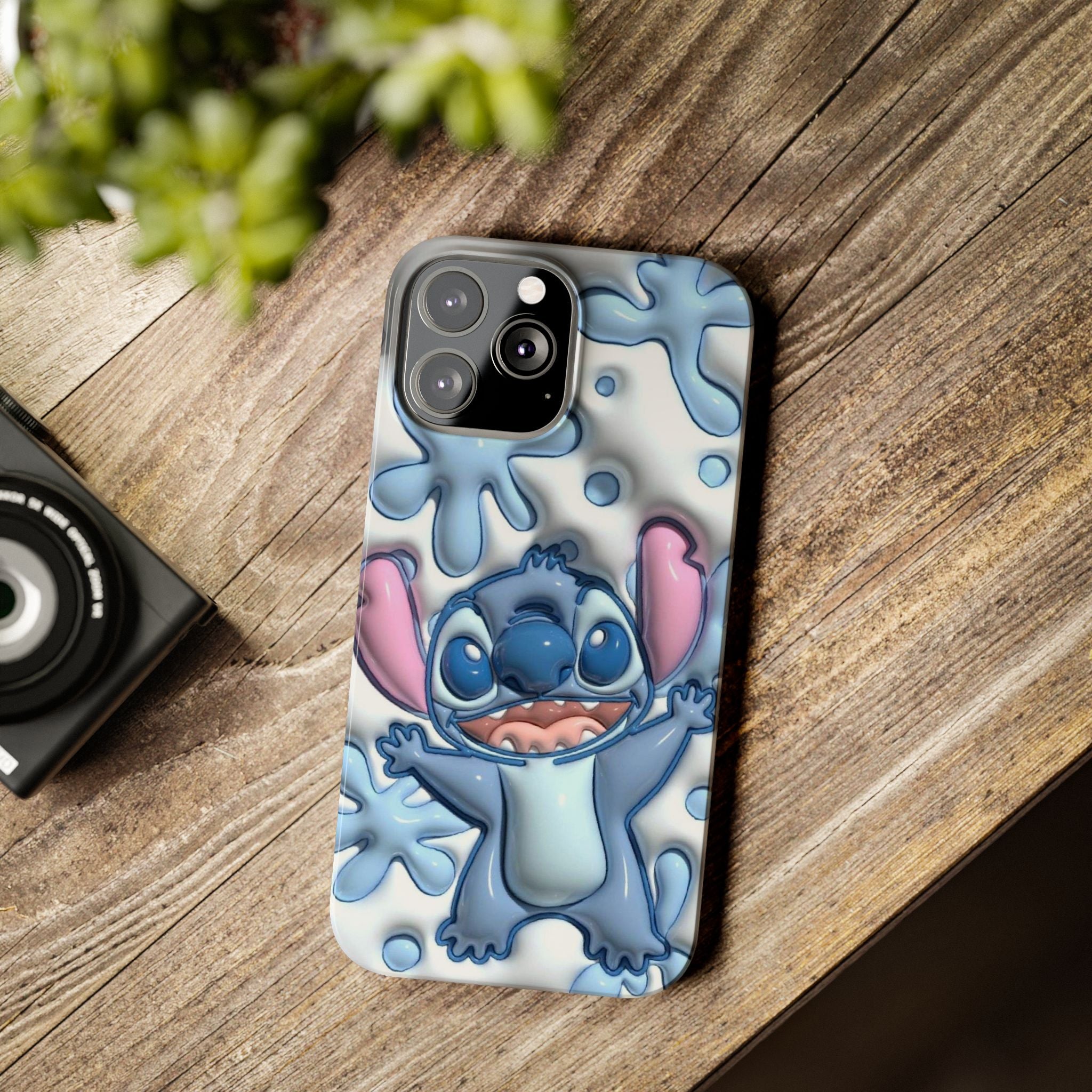 Cute Stitch Slim Phone Case – Blue Splash Cartoon Phone Cover