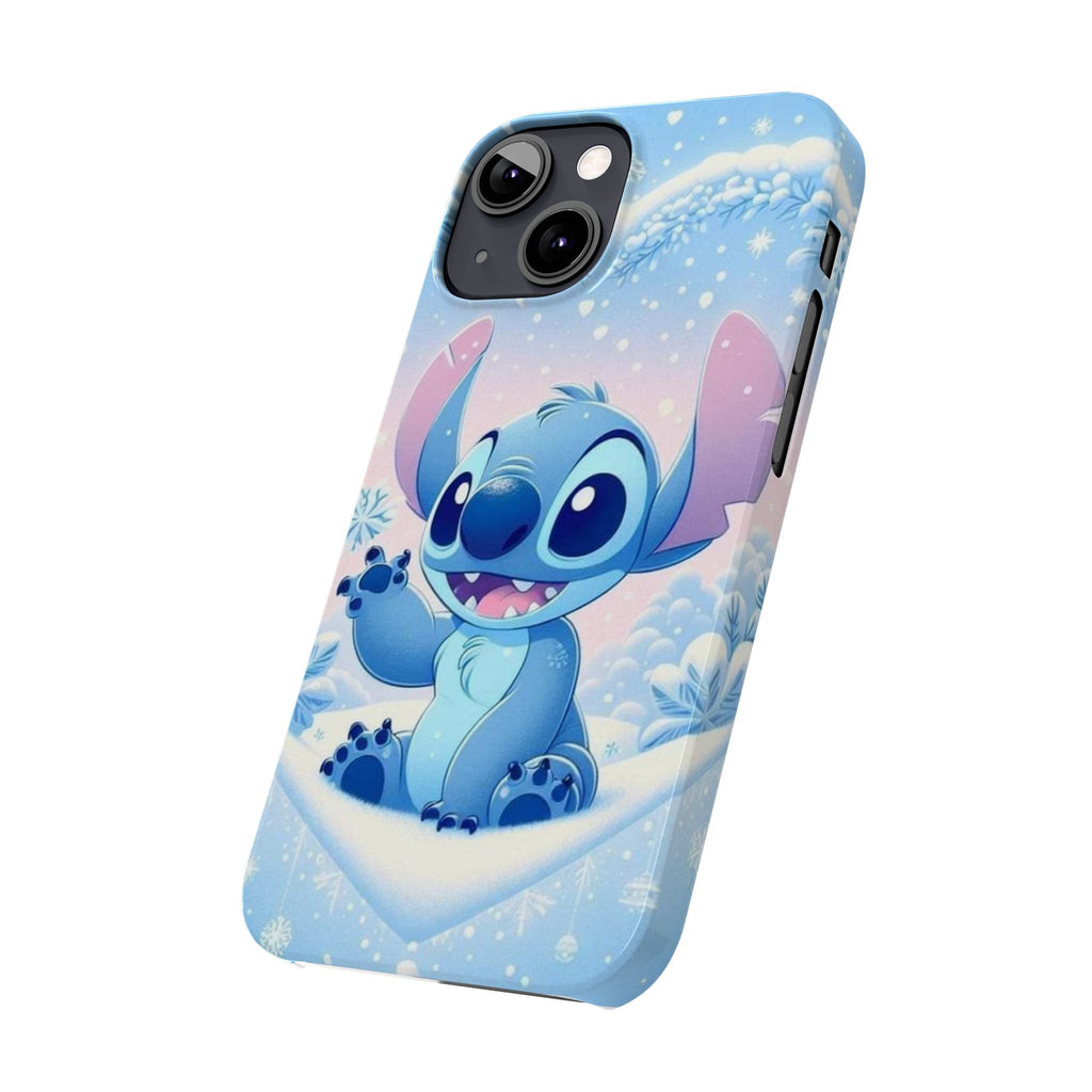 Cute Blue Alien Character Slim Phone Case | Snow Heart Pattern