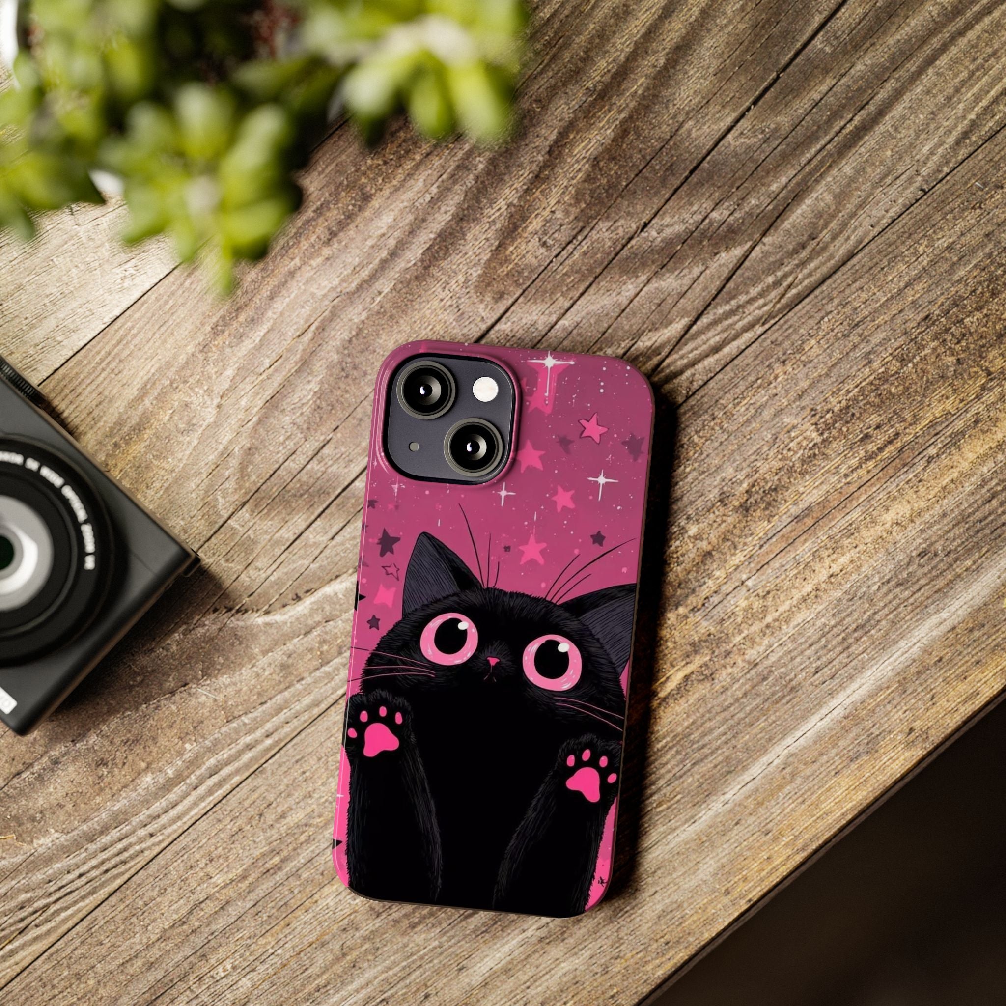 Cute Black Cat with Pink Paws Slim Phone Case | Starry Background
