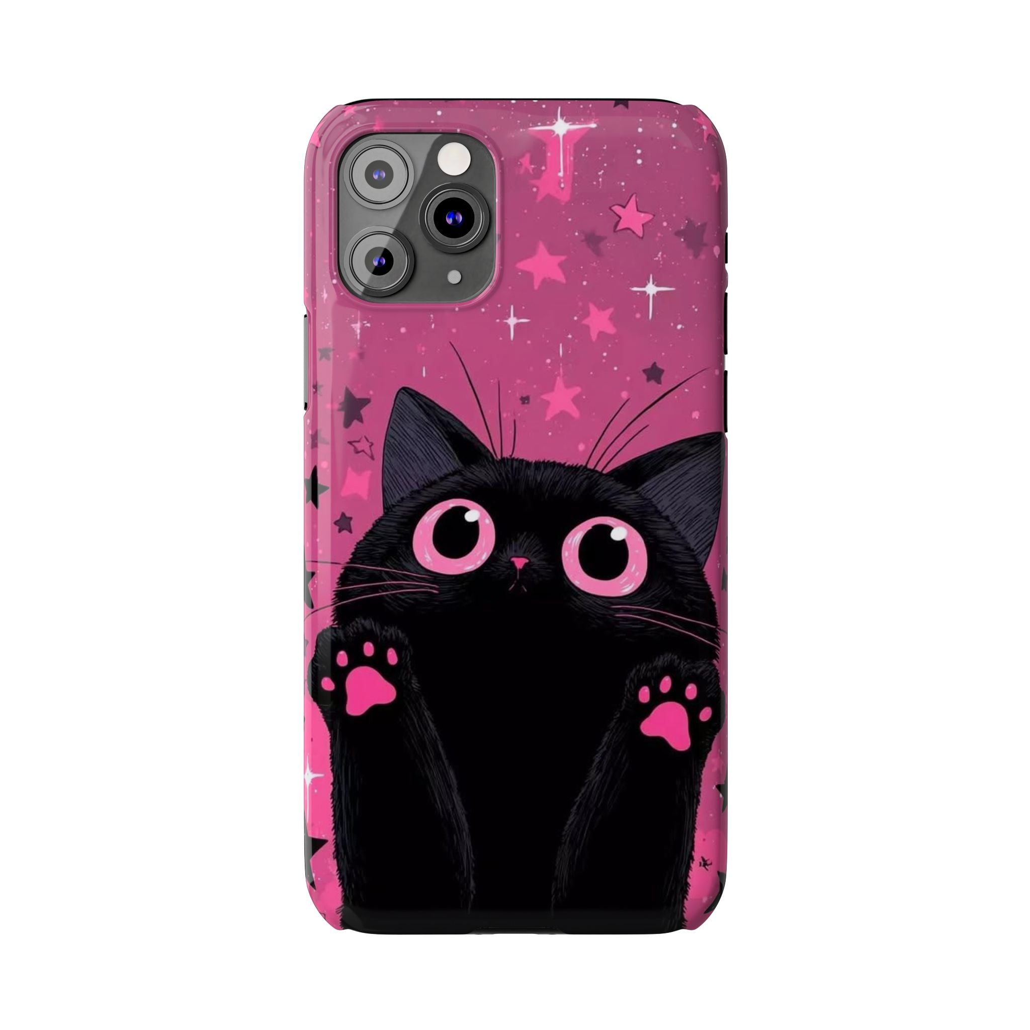 Cute Black Cat with Pink Paws Slim Phone Case | Starry Background