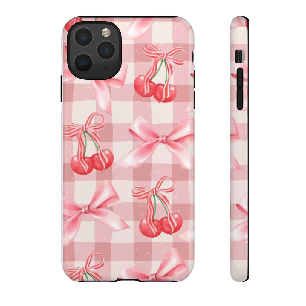 Pink Cherry Bow Phone Case — Cute Gingham Cherry Pattern