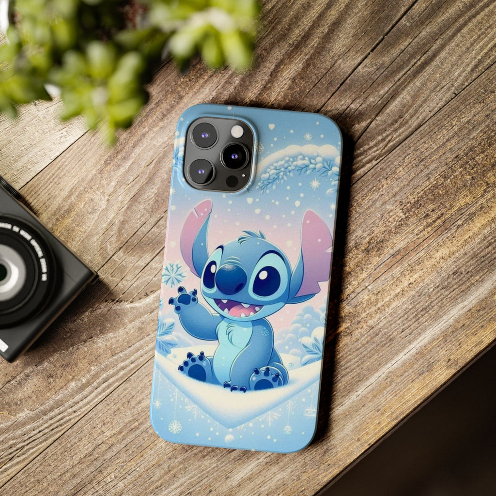 Cute Blue Alien Character Slim Phone Case | Snow Heart Pattern