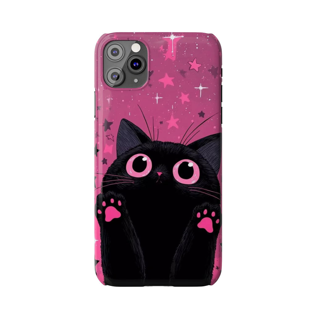 Cute Black Cat with Pink Paws Slim Phone Case | Starry Background