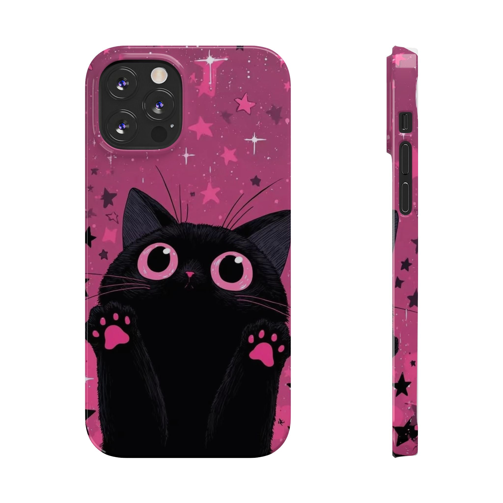 Cute Black Cat with Pink Paws Slim Phone Case | Starry Background