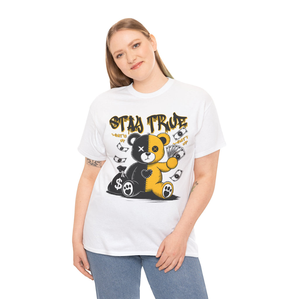 Stay True Bear Graphic Tee — Cute Black & Yellow Money Bear Shirt