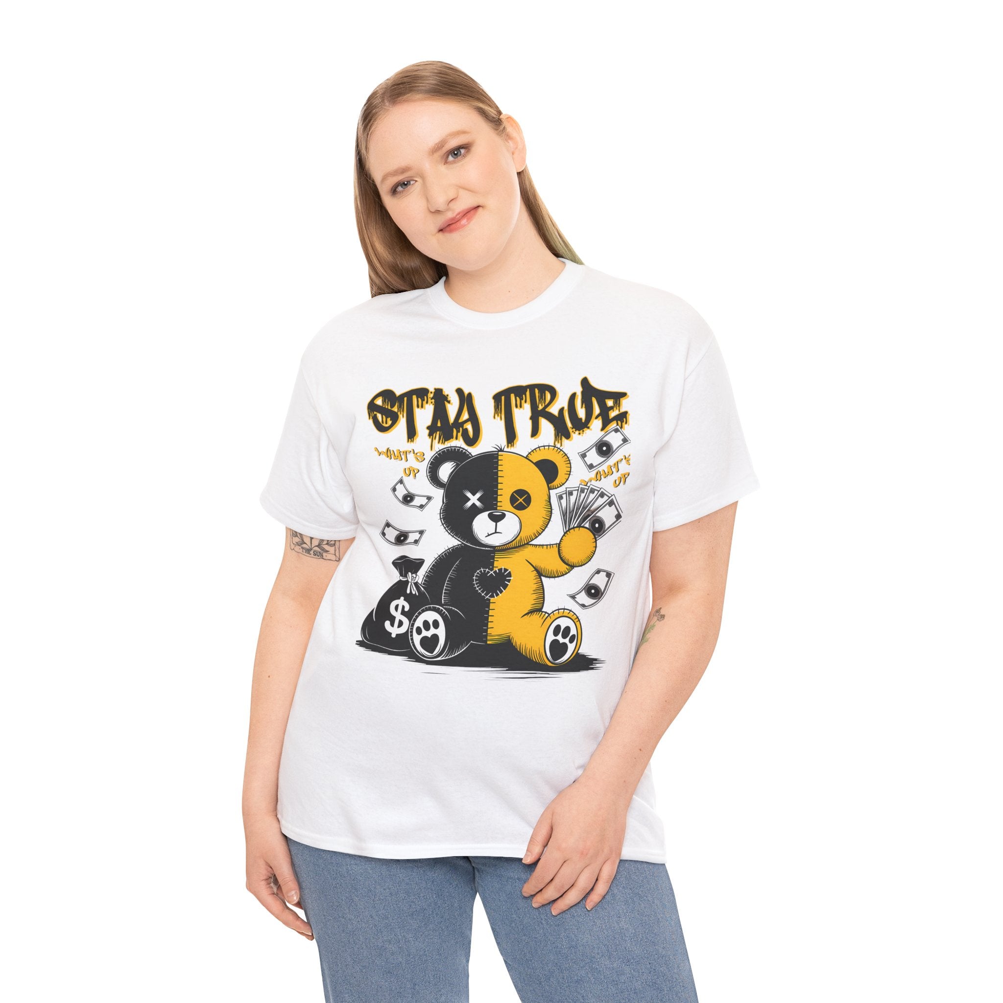 Stay True Bear Graphic Tee — Cute Black & Yellow Money Bear Shirt