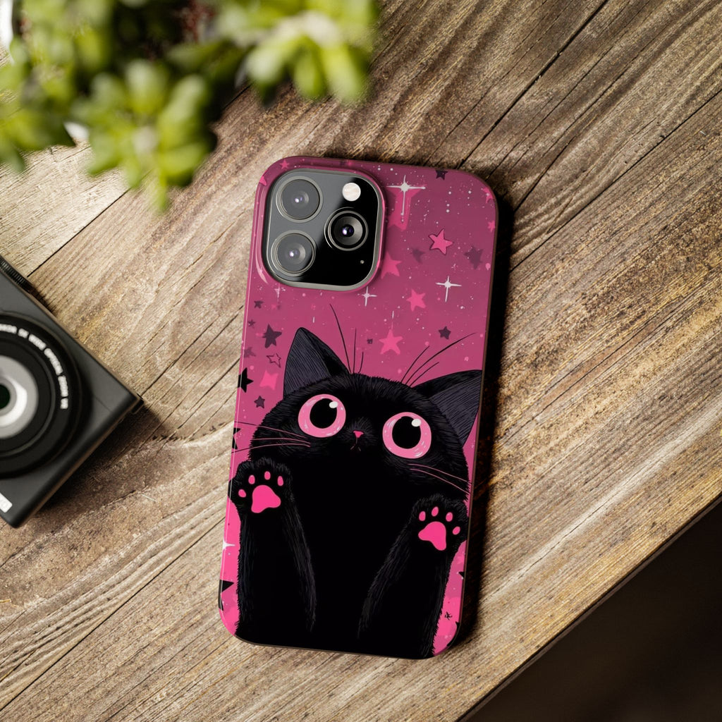 Cute Black Cat with Pink Paws Slim Phone Case | Starry Background