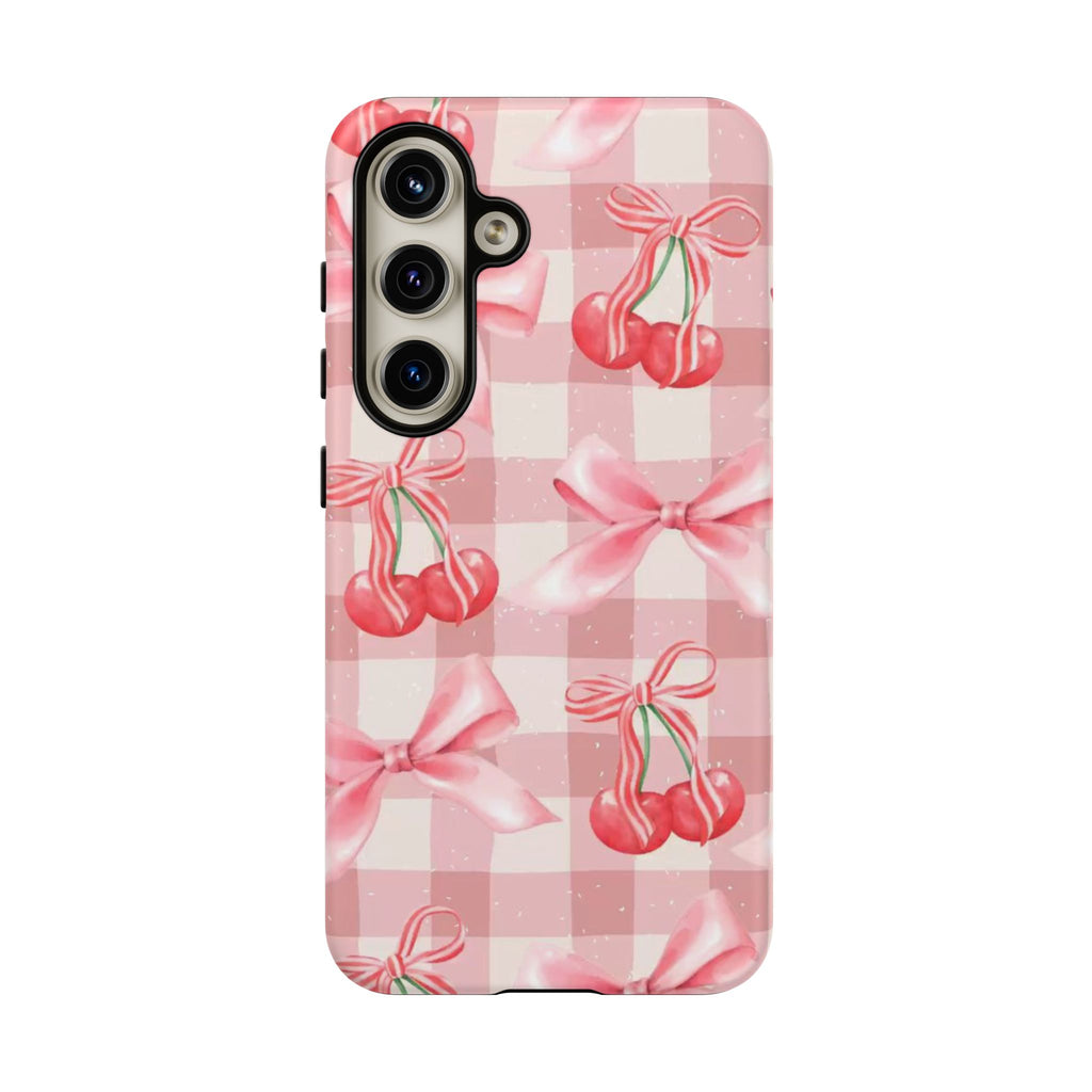 Pink Cherry Bow Phone Case — Cute Gingham Cherry Pattern