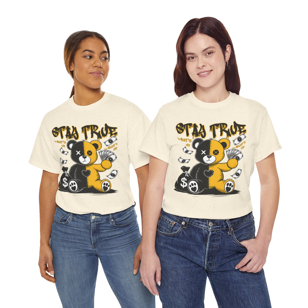Stay True Bear Graphic Tee — Cute Black & Yellow Money Bear Shirt
