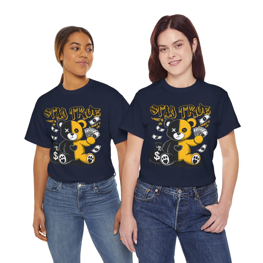 Stay True Bear Graphic Tee — Cute Black & Yellow Money Bear Shirt