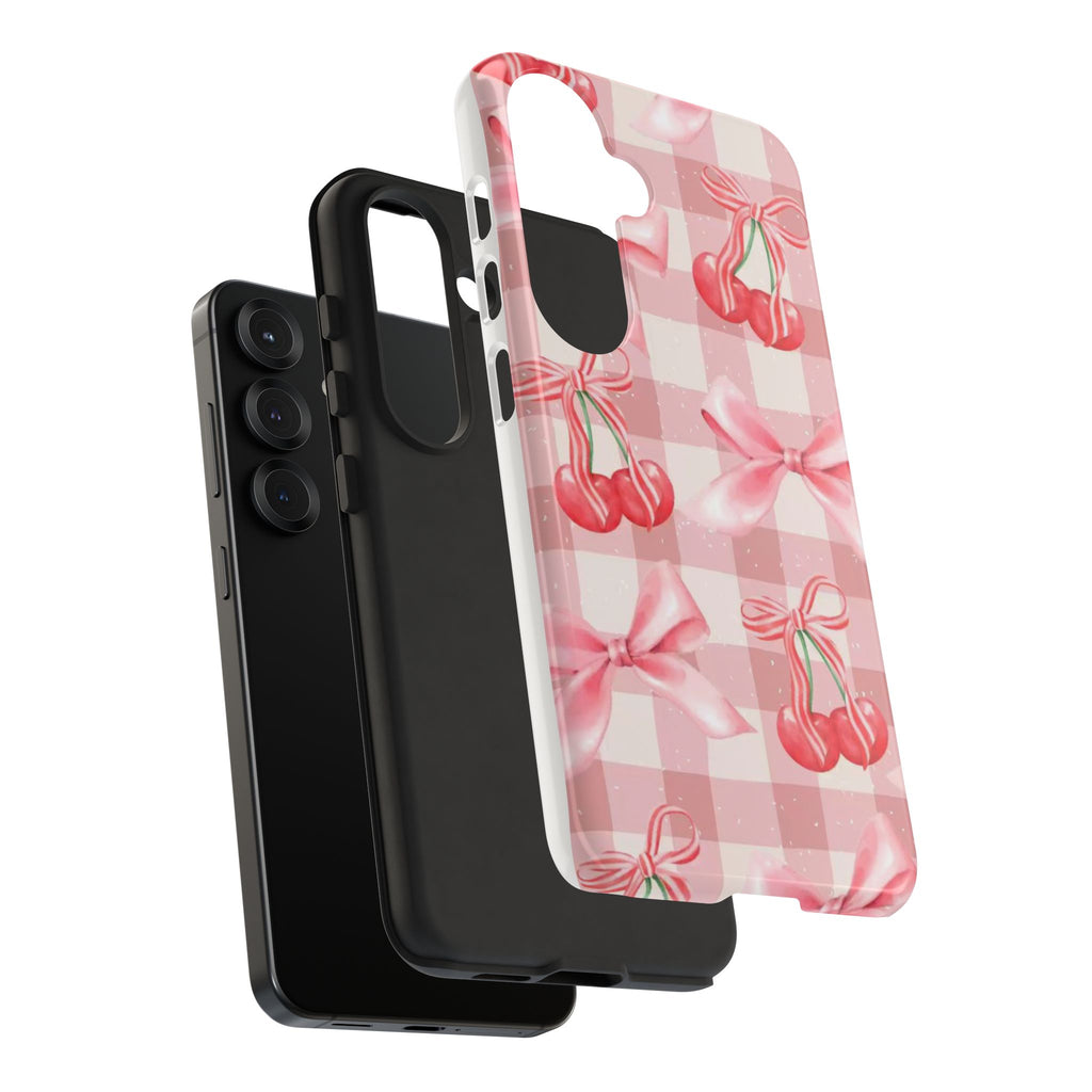Pink Cherry Bow Phone Case — Cute Gingham Cherry Pattern