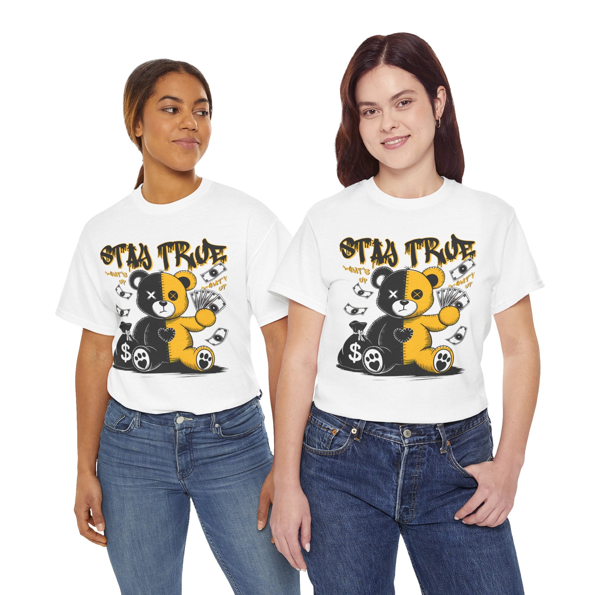 Stay True Bear Graphic Tee — Cute Black & Yellow Money Bear Shirt