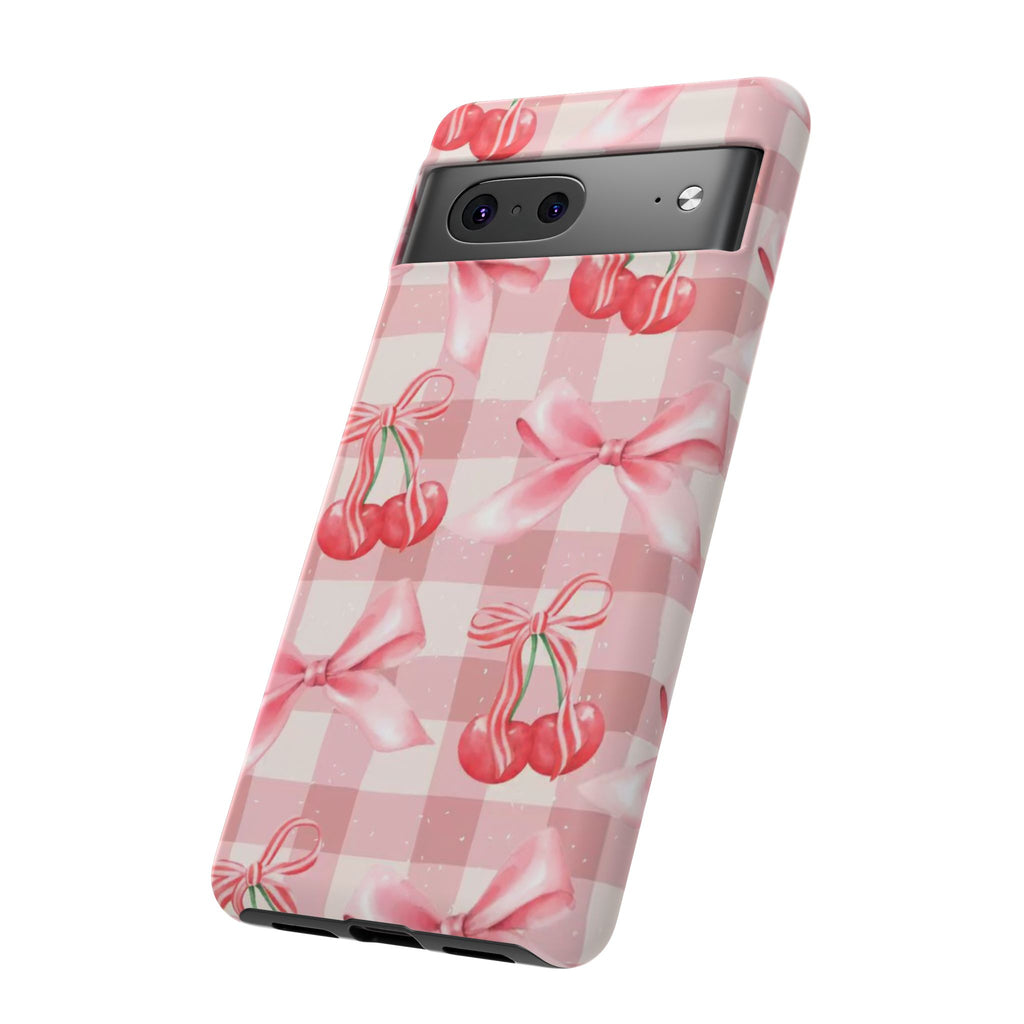 Pink Cherry Bow Phone Case — Cute Gingham Cherry Pattern