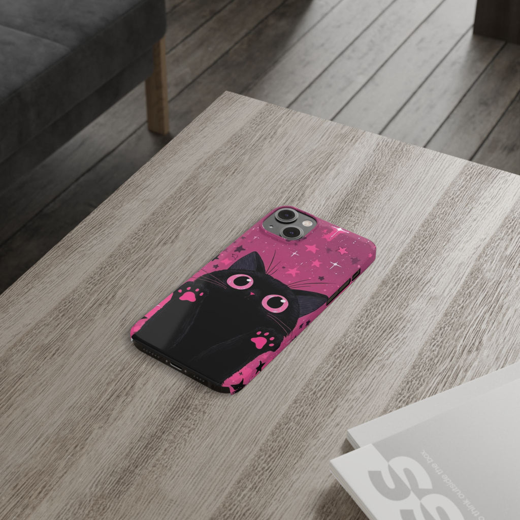 Cute Black Cat with Pink Paws Slim Phone Case | Starry Background