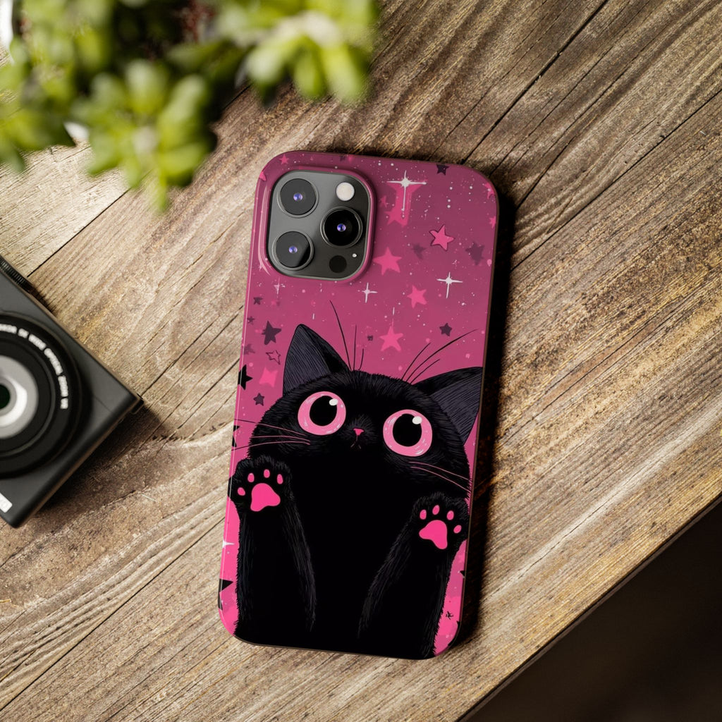 Cute Black Cat with Pink Paws Slim Phone Case | Starry Background
