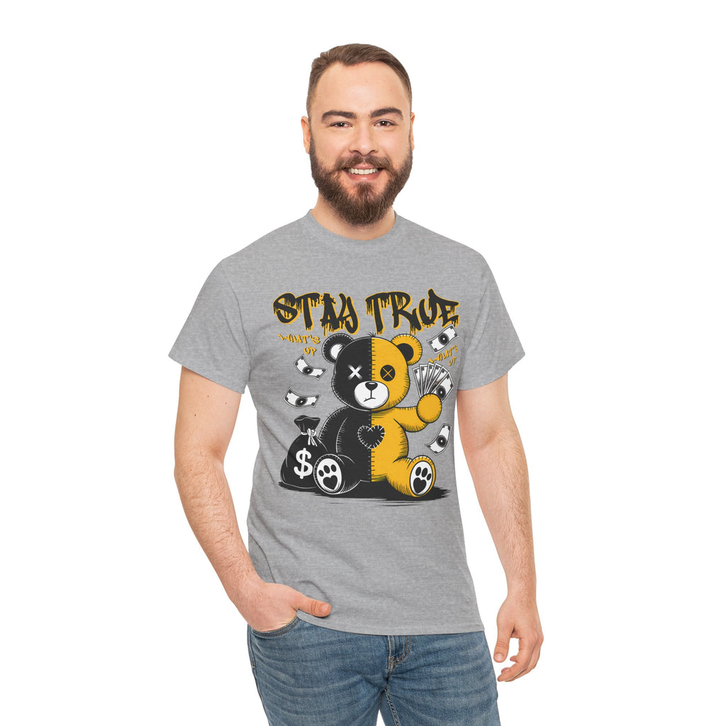 Stay True Bear Graphic Tee — Cute Black & Yellow Money Bear Shirt