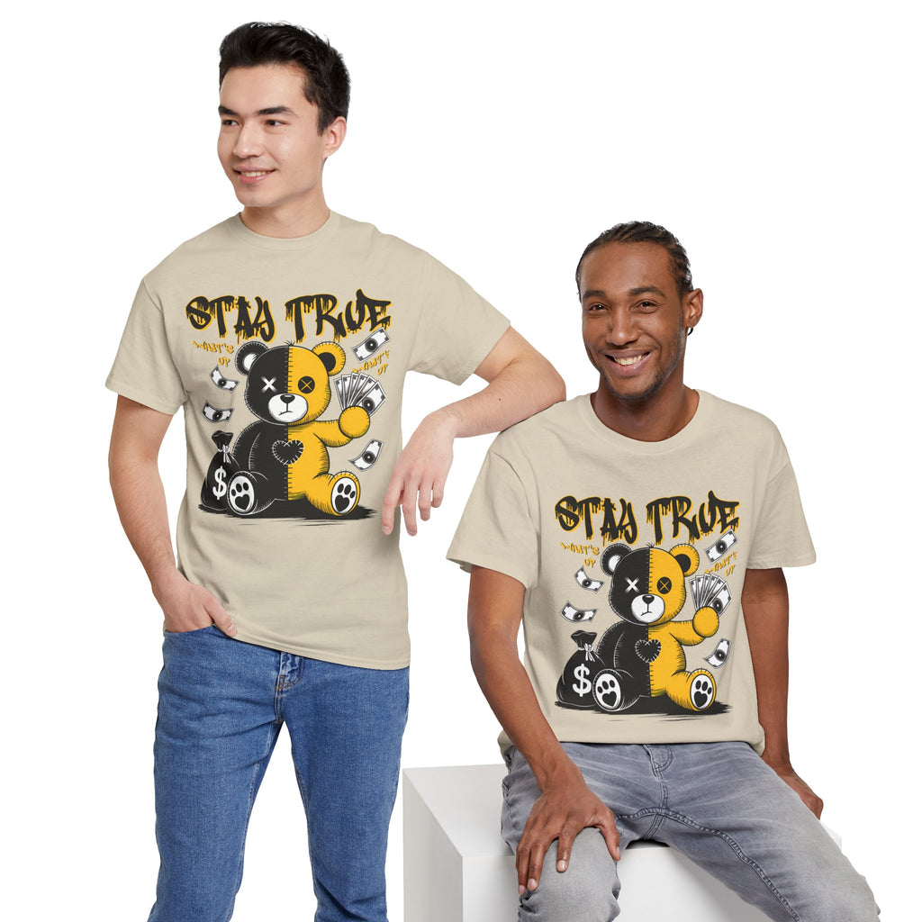 Stay True Bear Graphic Tee — Cute Black & Yellow Money Bear Shirt