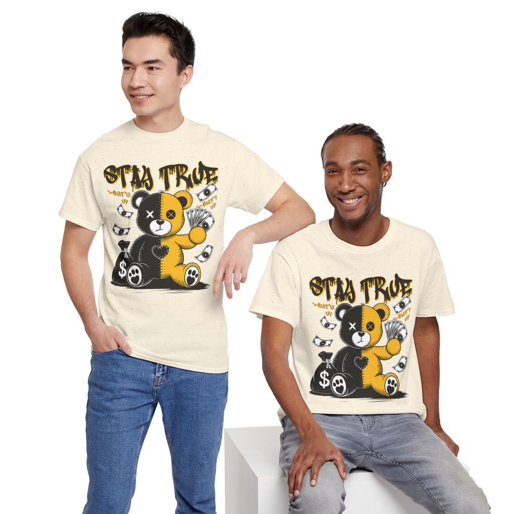 Stay True Bear Graphic Tee — Cute Black & Yellow Money Bear Shirt