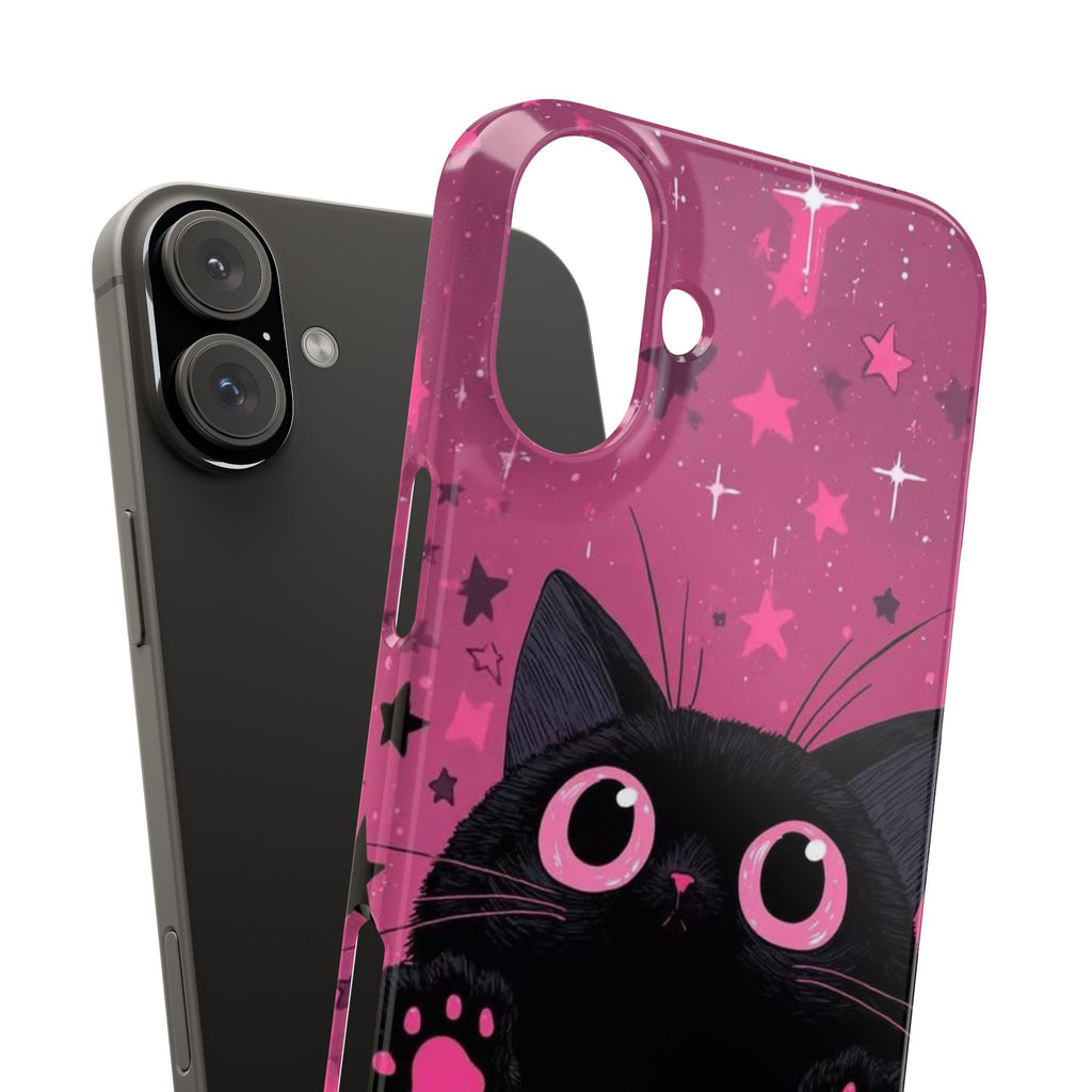 Cute Black Cat with Pink Paws Slim Phone Case | Starry Background