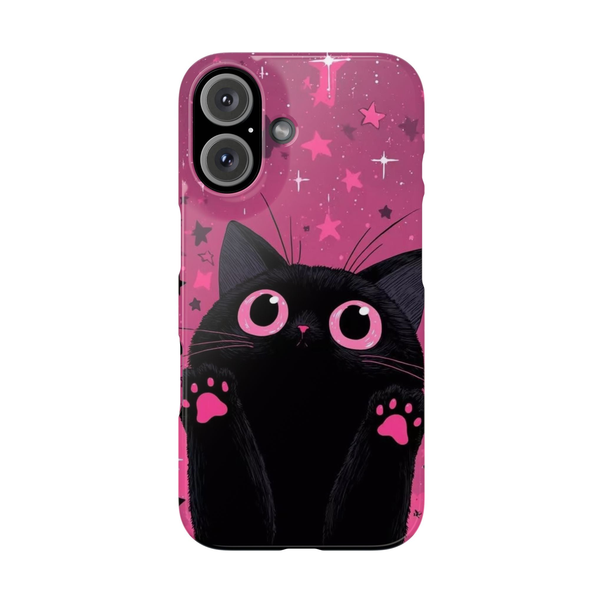 Cute Black Cat with Pink Paws Slim Phone Case | Starry Background
