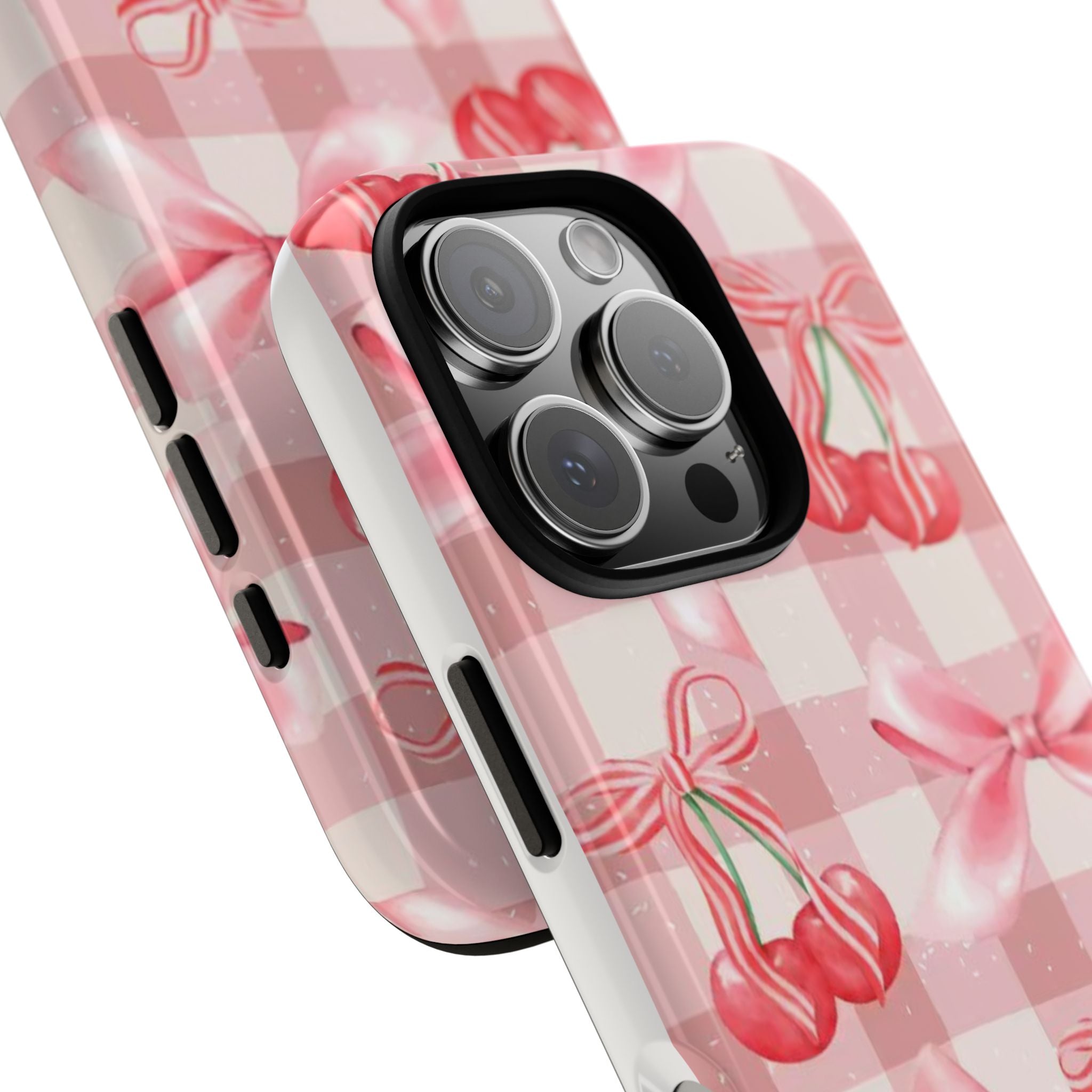 Pink Cherry Bow Phone Case — Cute Gingham Cherry Pattern