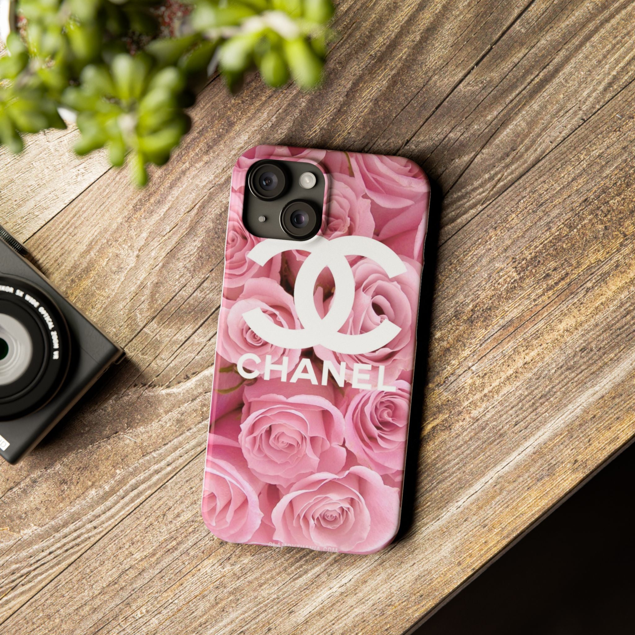 Slim Phone Case — Pink Rose Floral Design with Luxury Logo