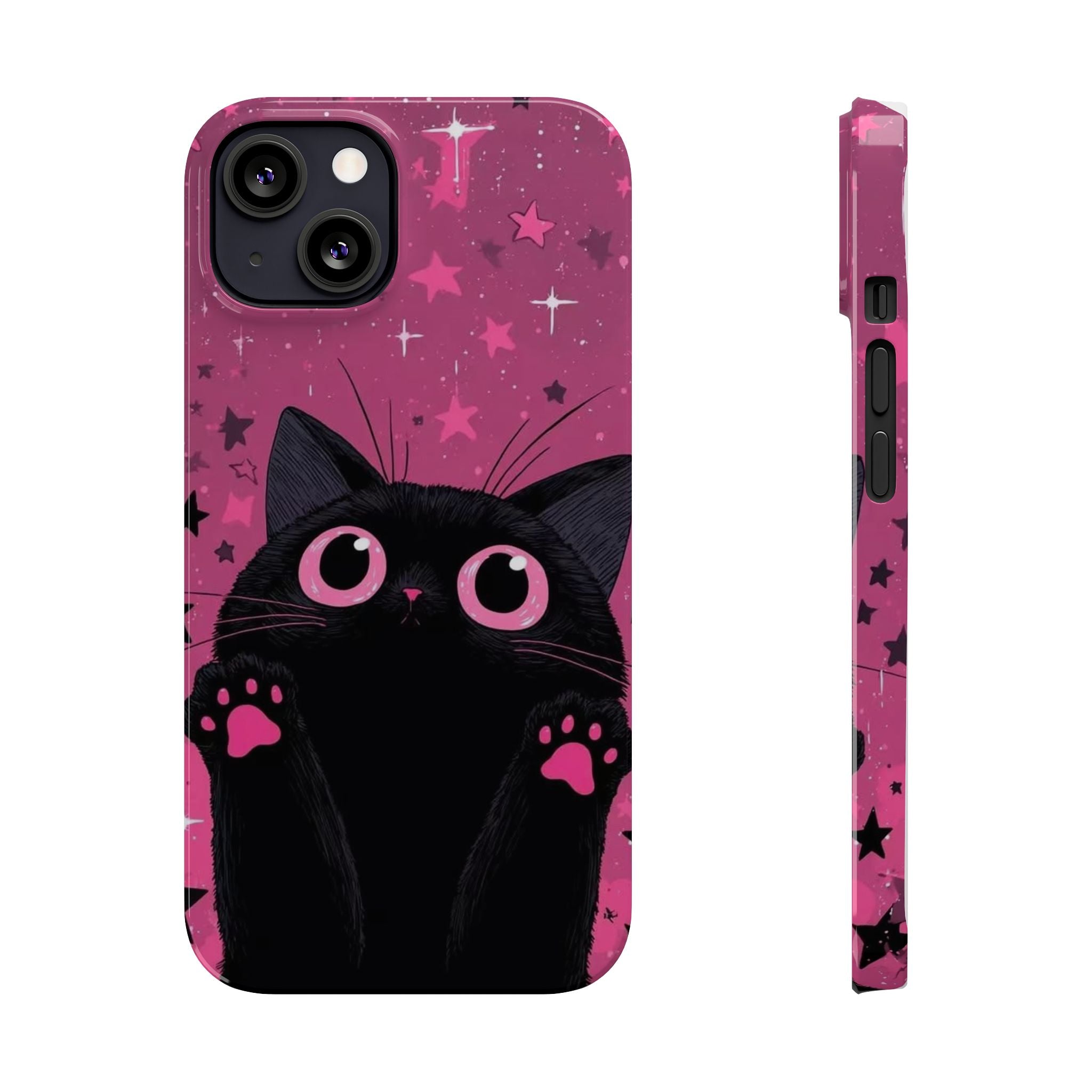 Cute Black Cat with Pink Paws Slim Phone Case | Starry Background