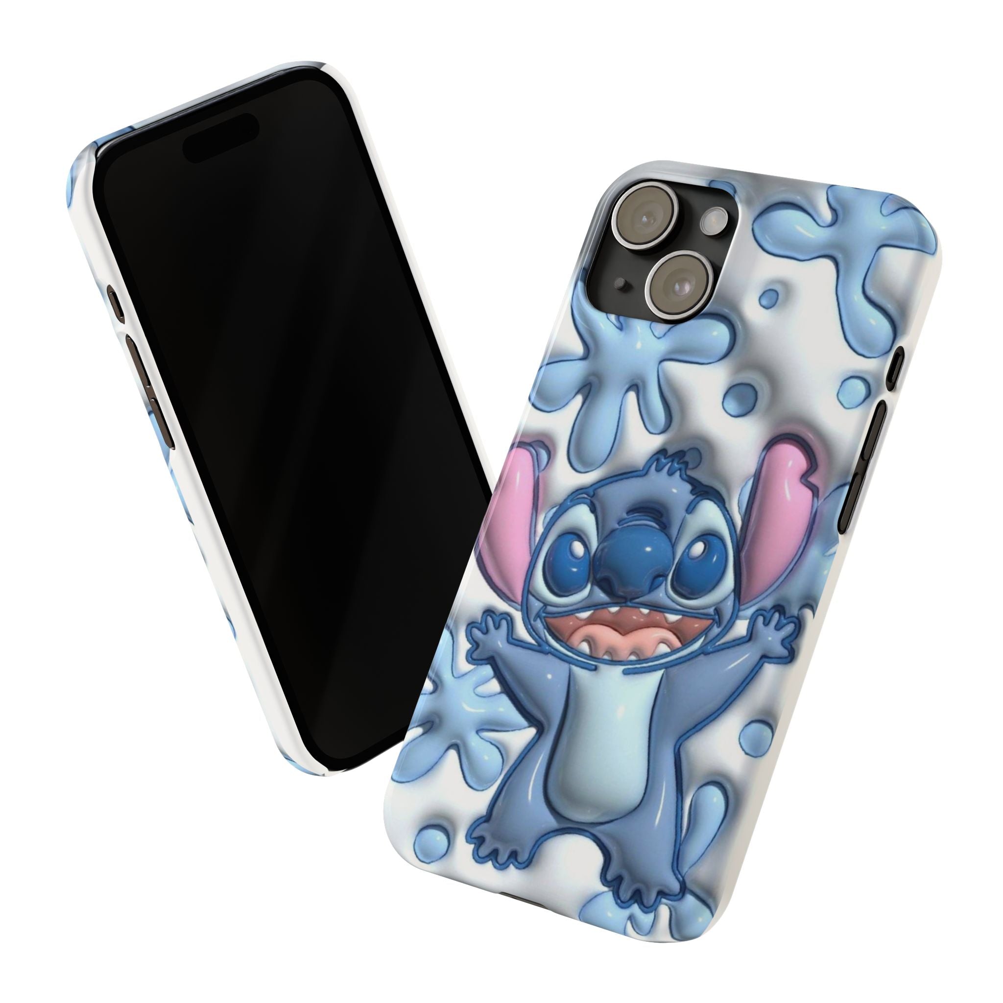 Cute Stitch Slim Phone Case – Blue Splash Cartoon Phone Cover