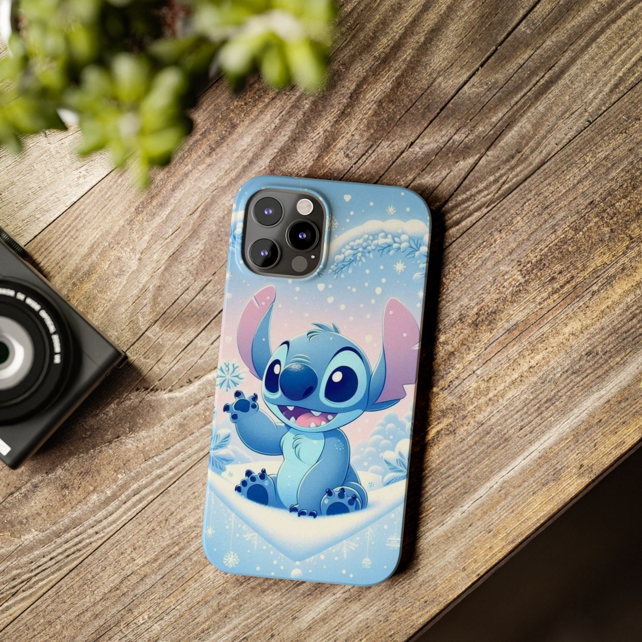 Cute Blue Alien Character Slim Phone Case | Snow Heart Pattern