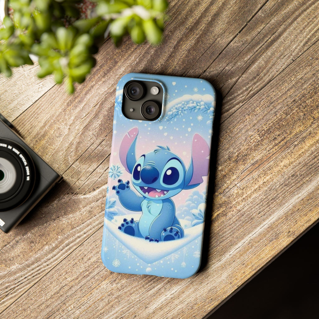 Cute Blue Alien Character Slim Phone Case | Snow Heart Pattern