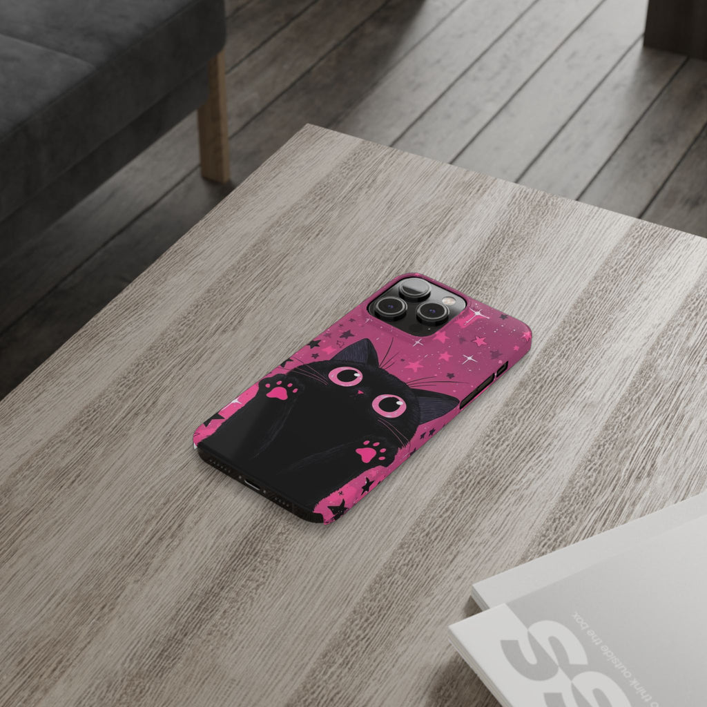 Cute Black Cat with Pink Paws Slim Phone Case | Starry Background
