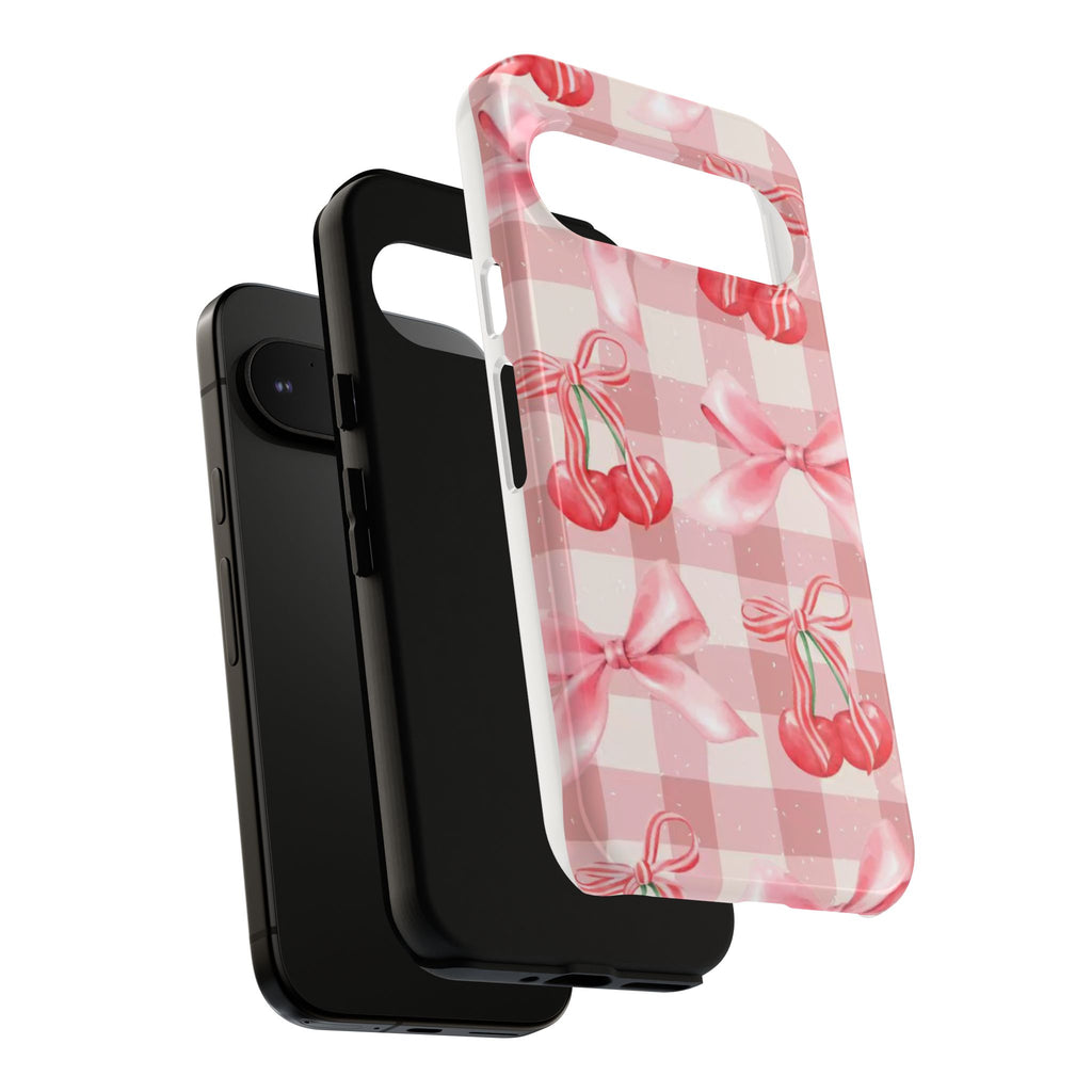 Pink Cherry Bow Phone Case — Cute Gingham Cherry Pattern