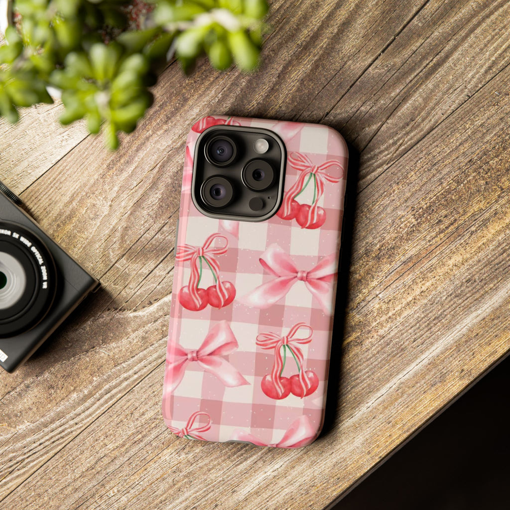 Pink Cherry Bow Phone Case — Cute Gingham Cherry Pattern